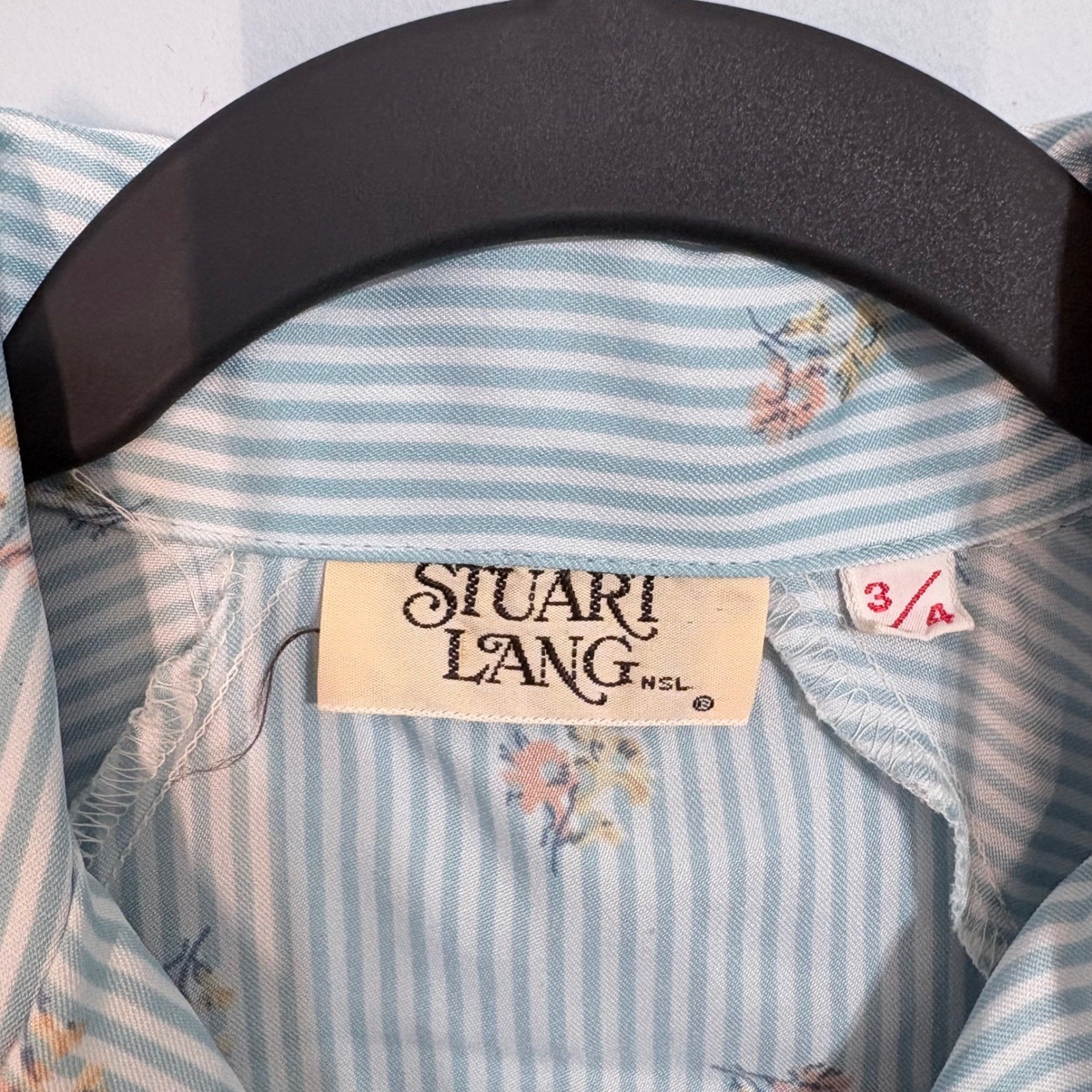 Vintage Stuart Lang 2 Piece Set Blue Striped Floral Blouse & Trousers 3/4