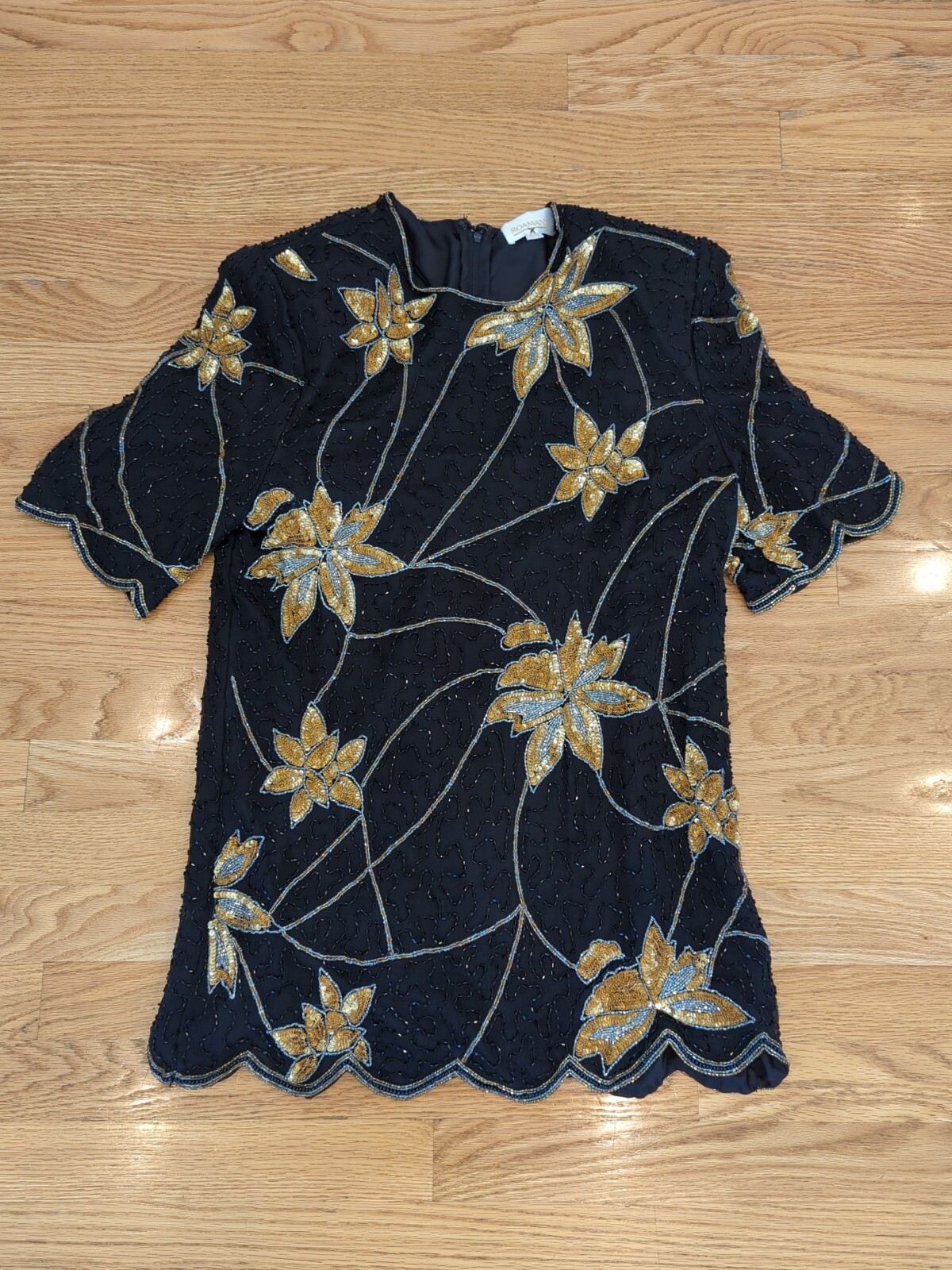 Vintage 80s Stenay black and gold sequin beaded silk blouse top M
