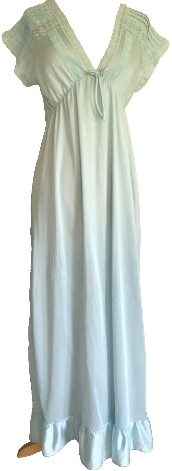 Vintage Powder Blue Nylon Lingerie Gown, Long V Neck Rikki New York M, Ruffle V