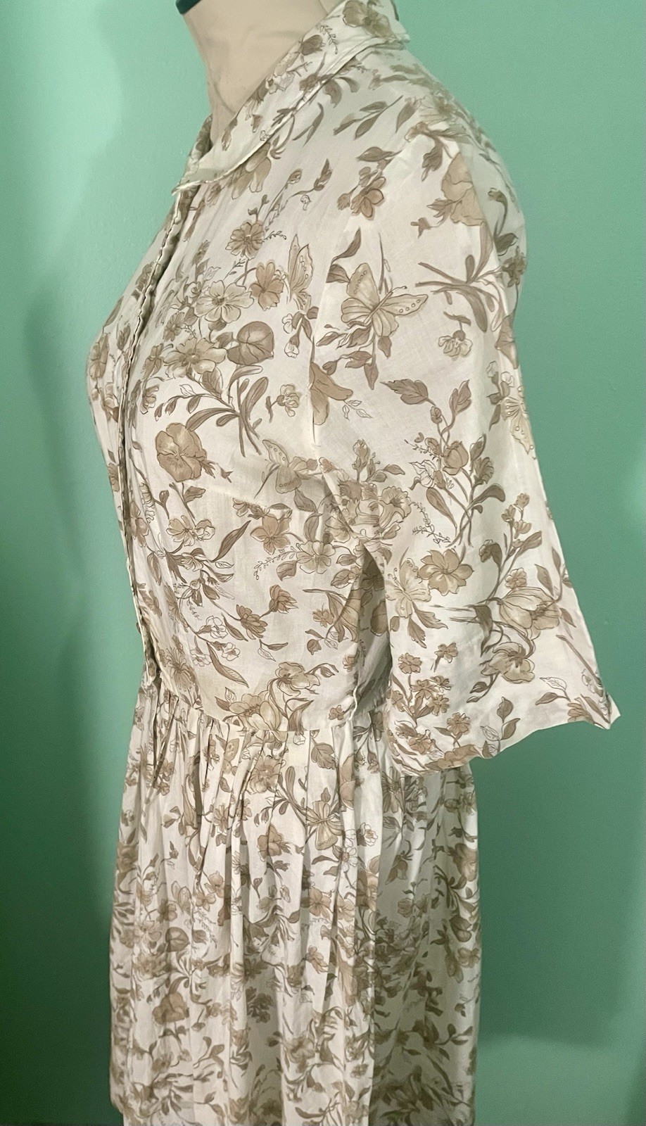 Vintage 1960s Cos Cob Cream Tan Floral Shirtwaist Pleated Dress Womens 8 Cotton