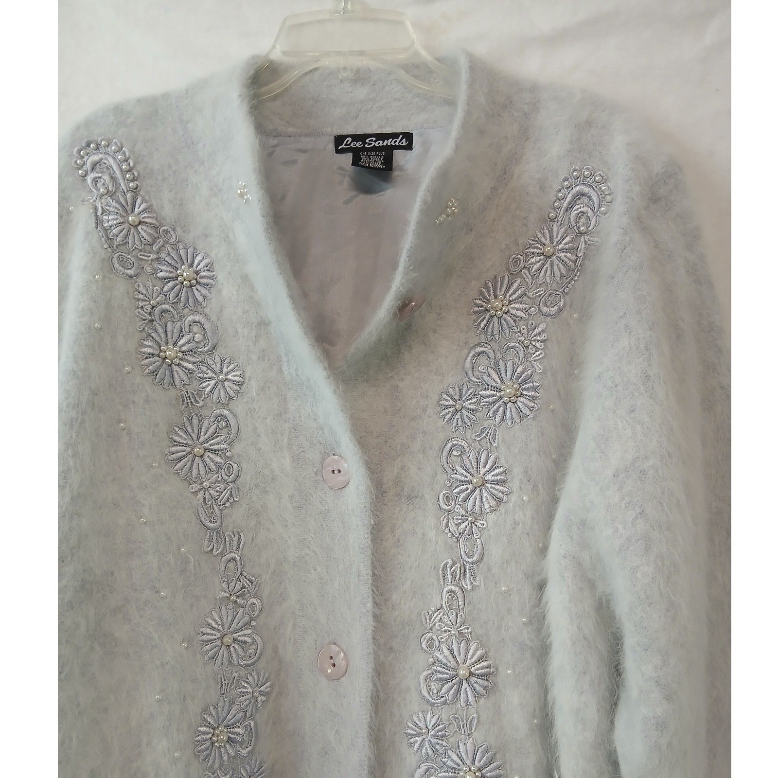 Vintage Lee Sands Angora Blend Cardigan Coat Gray Floral Pearl Lined OS Plus