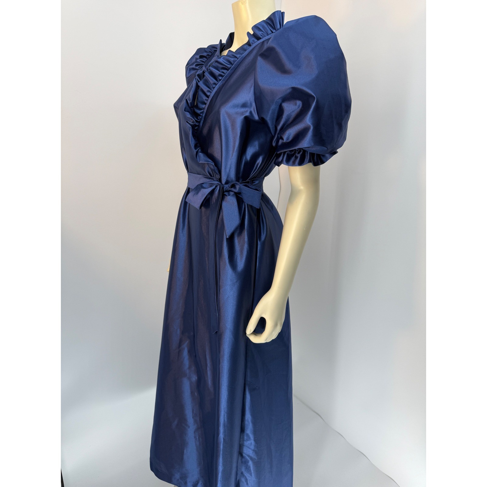Vintage Puff Sleeve Satin Robe Royal Blue Ruffle Neck Tie Waist Maxi Wrap M/L