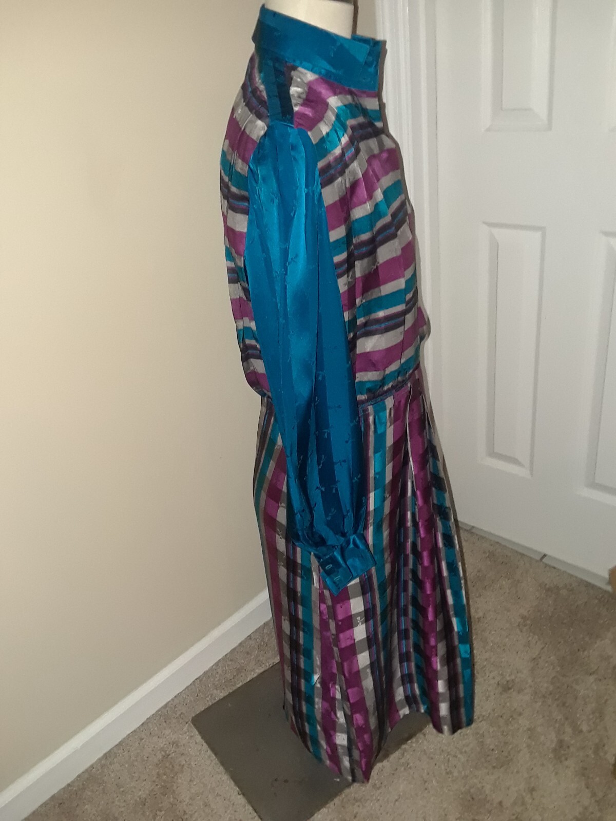 Vtg Francesca of Damon for Starington Turquoise Magenta Striped Silk Dress Sz 10