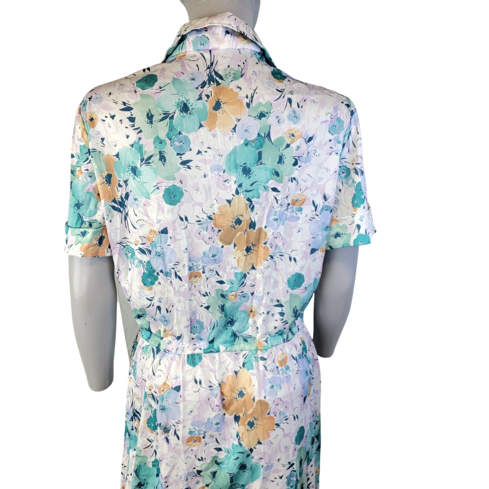 Vintage 70s Nylon Midi Shirt Dress Women Large 12 14 Blue Floral Collar Spring L
