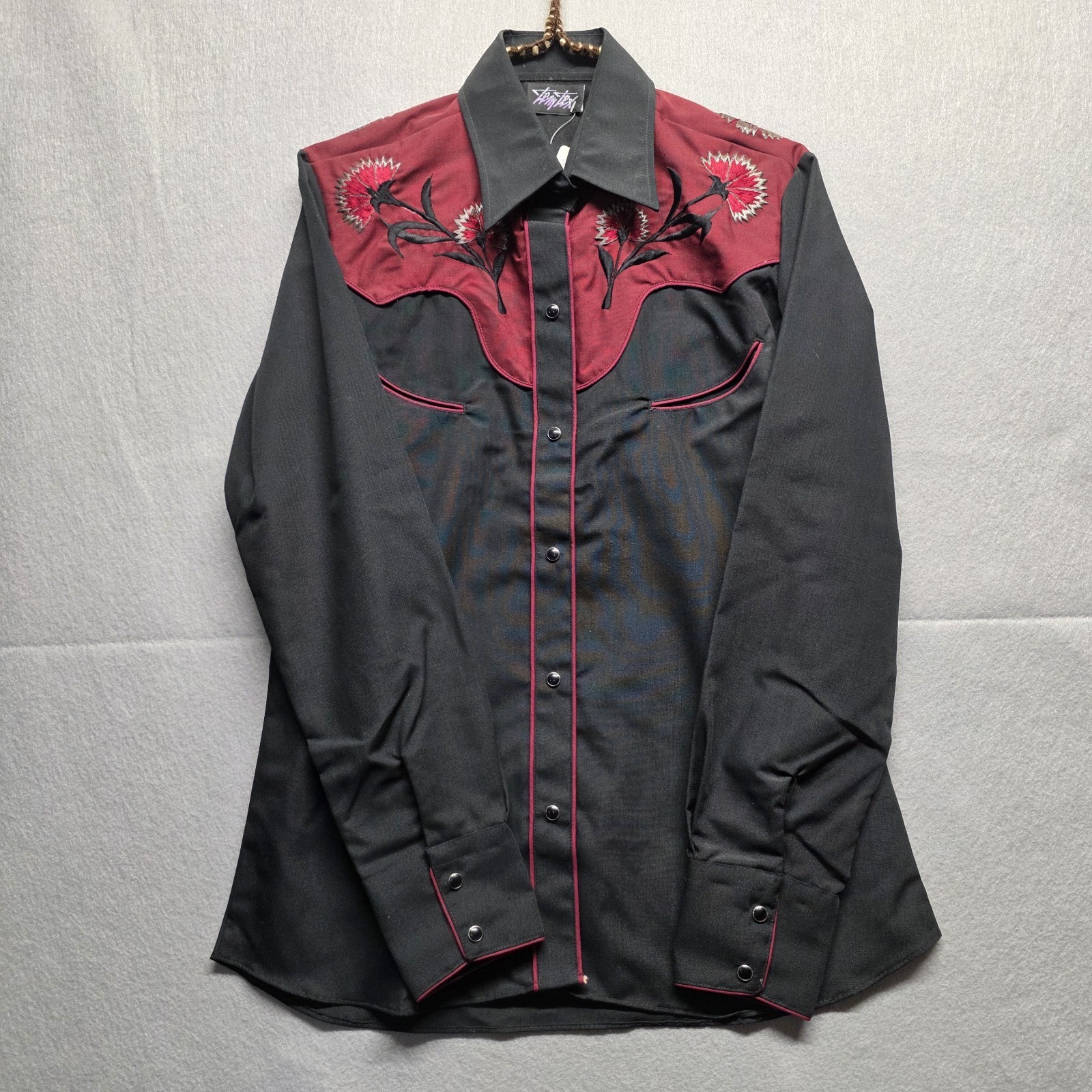 VINTAGE Tem Tex Black And Red Long Sleeve Western Shirt Rockabilly Pearl Snap