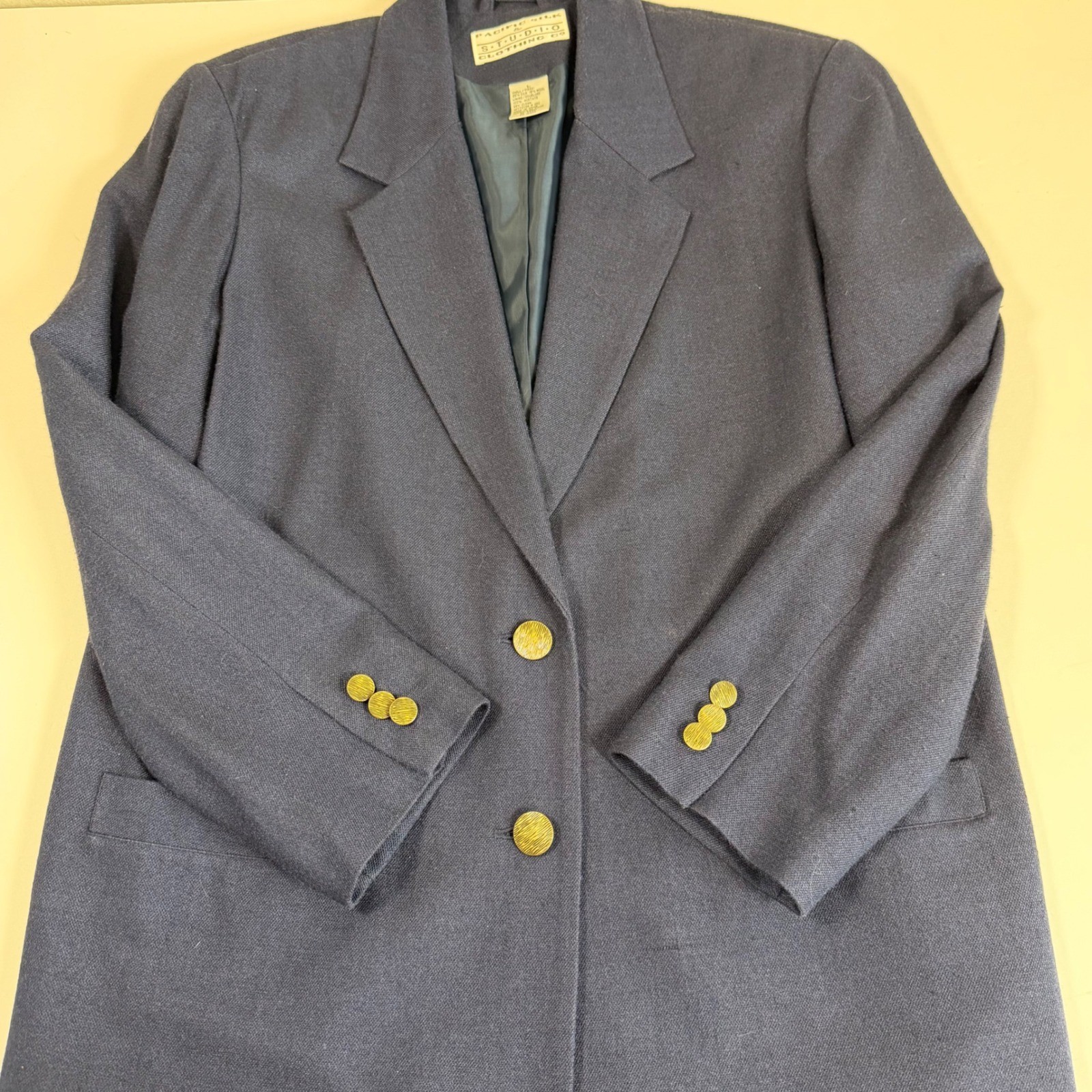 Vintage Womens Blazer Large Blue Silk Wool Jacket Tailored Career Classic