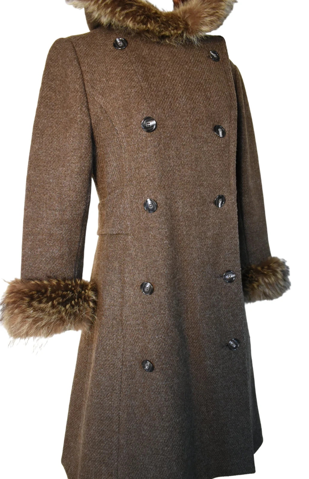 Vintage 70s Ronnie Sophisticates Cocoa Brown Wool Tweed Fur Hood Penny Lane Coat