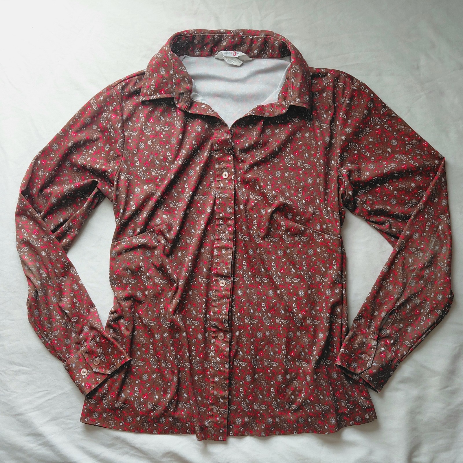 Vintage 1970s Sears The Shirt Paisley Blouse Brown Red Dagger Collar Western XL