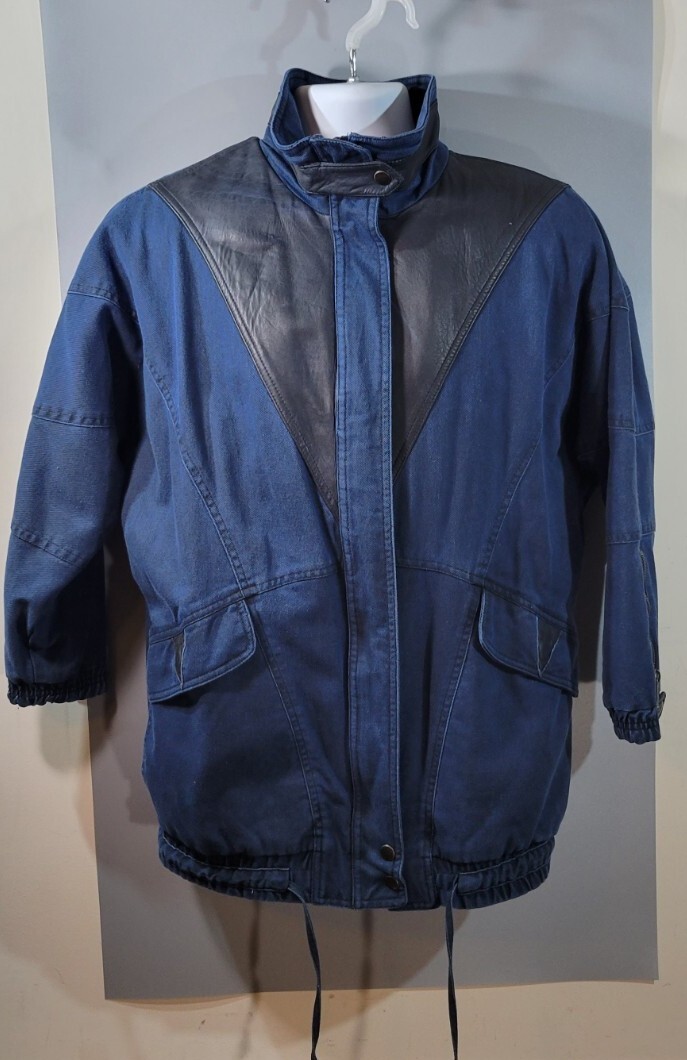 Vtg 1980s London Fog Jacket Blue/Black canvas & leather Womens XS Petite