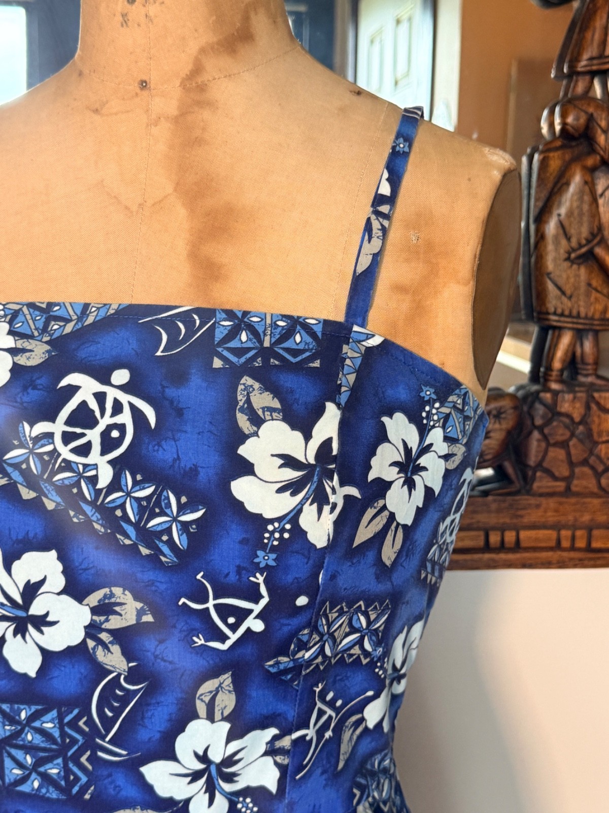 Vintage Handmade 60s Style Blue Hawaiian Print Sundress Size XS