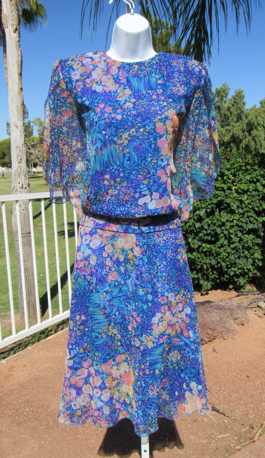 VTG 1980s 90s SIASIA NEW YORK FLORAL SKIRT & TOP SIZE SMALL POLYESTER SPLIT ARMS