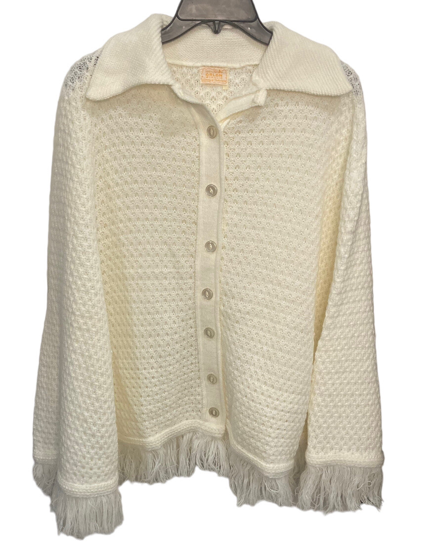Vintage 100% Turbo Orlon Acrylic Sweater Cape Ivory One Size Grandma