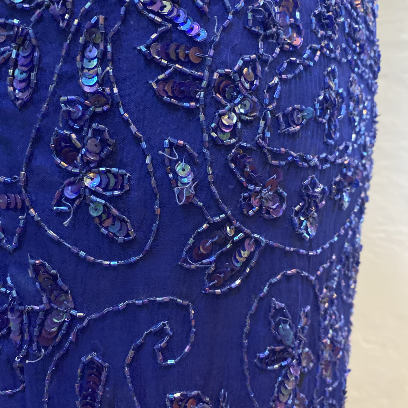 Vintage 80s Dark Blue Silk Sequin Beaded Fringe Cocktail Formal Mini Dress Med