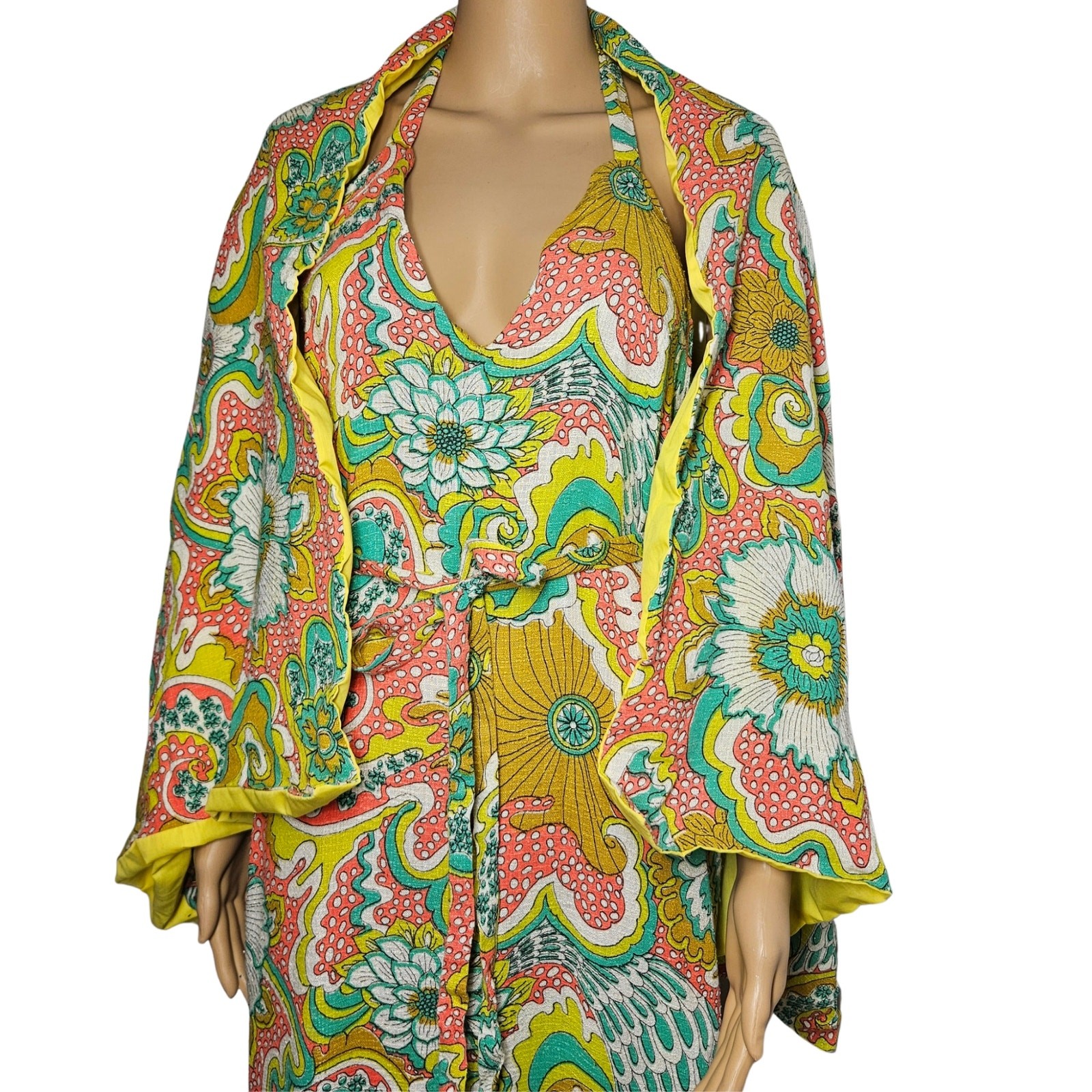 70s Wrap Maxi Dress Yellow Handmade Floral Vintage Strappy Backless 2 pc Size S