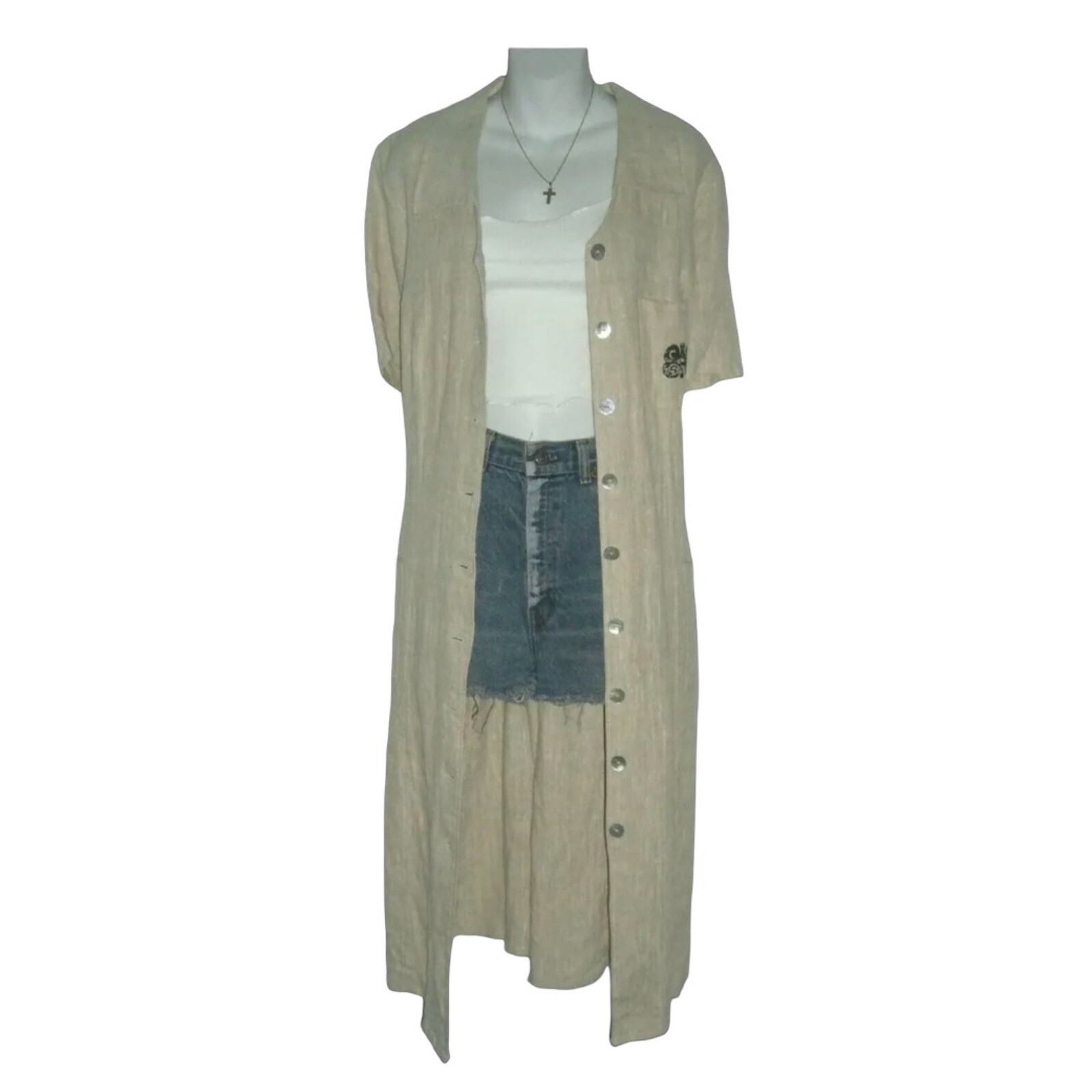 Vintage 80’s Positive Influence Dress Linen Duster Tribal Boho Grandmother Plus