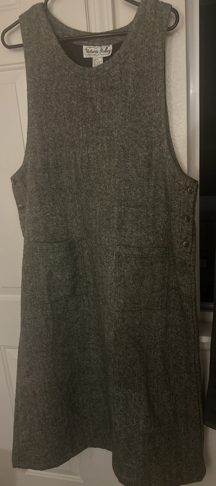 Vintage Victoria Holley Gray Tweed Wool Blend Overall Maxi Dress Jumper Size 14