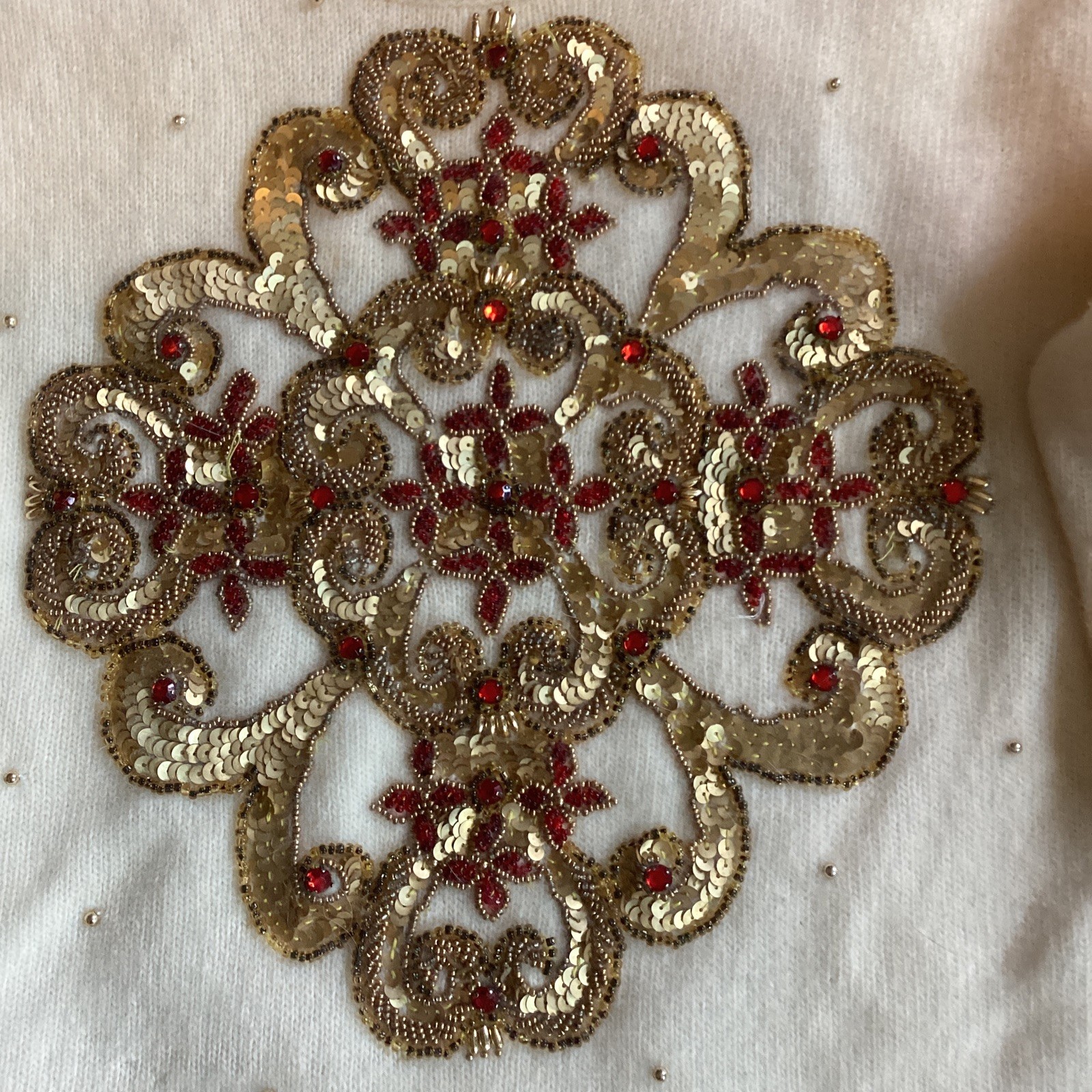 VTG Marisa Christina Sweater Winter White Wool/Angora Large Gold & Red Beading