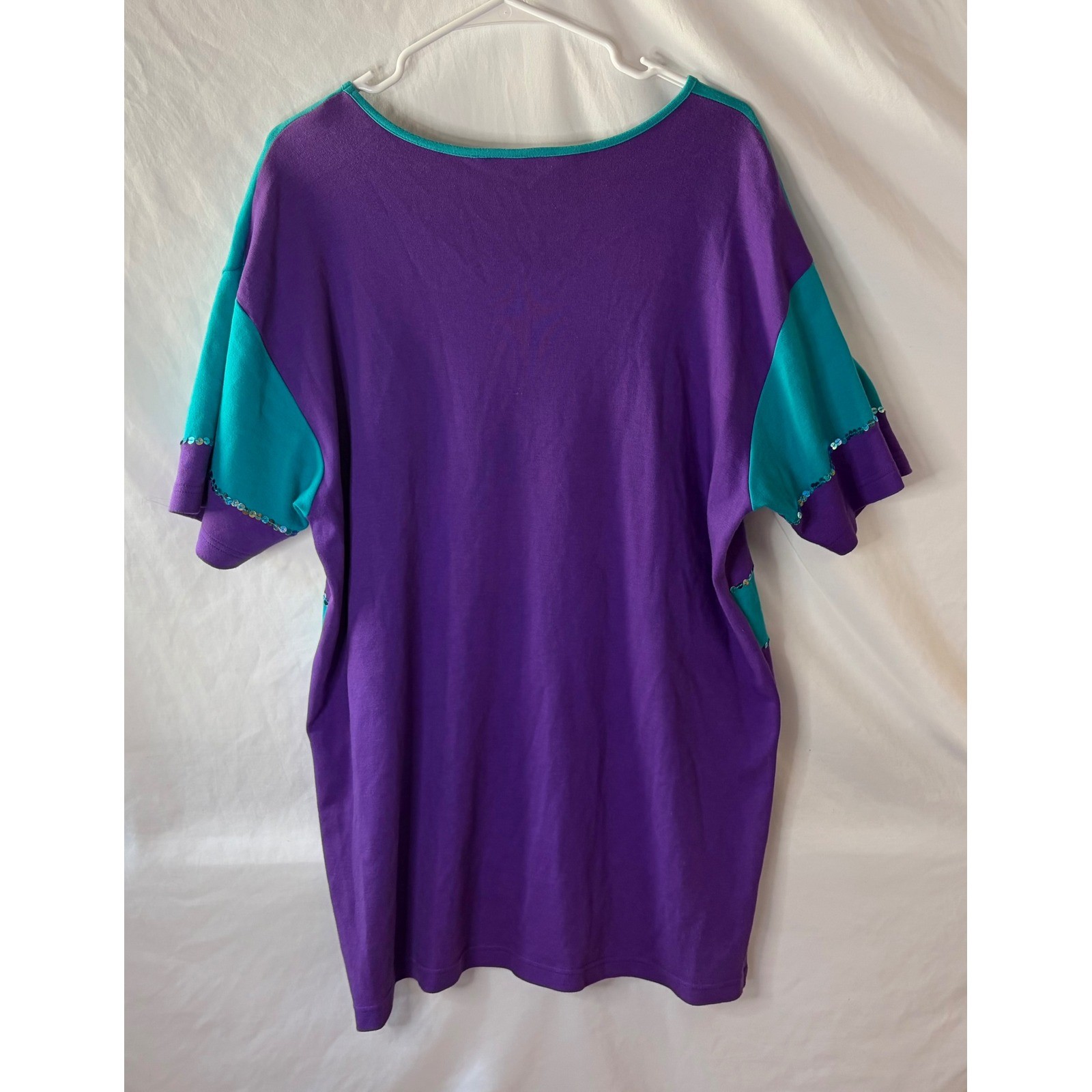 SK & Company Vintage Teal Purple Color Block Sequin Cotton Top Plus Size 1X