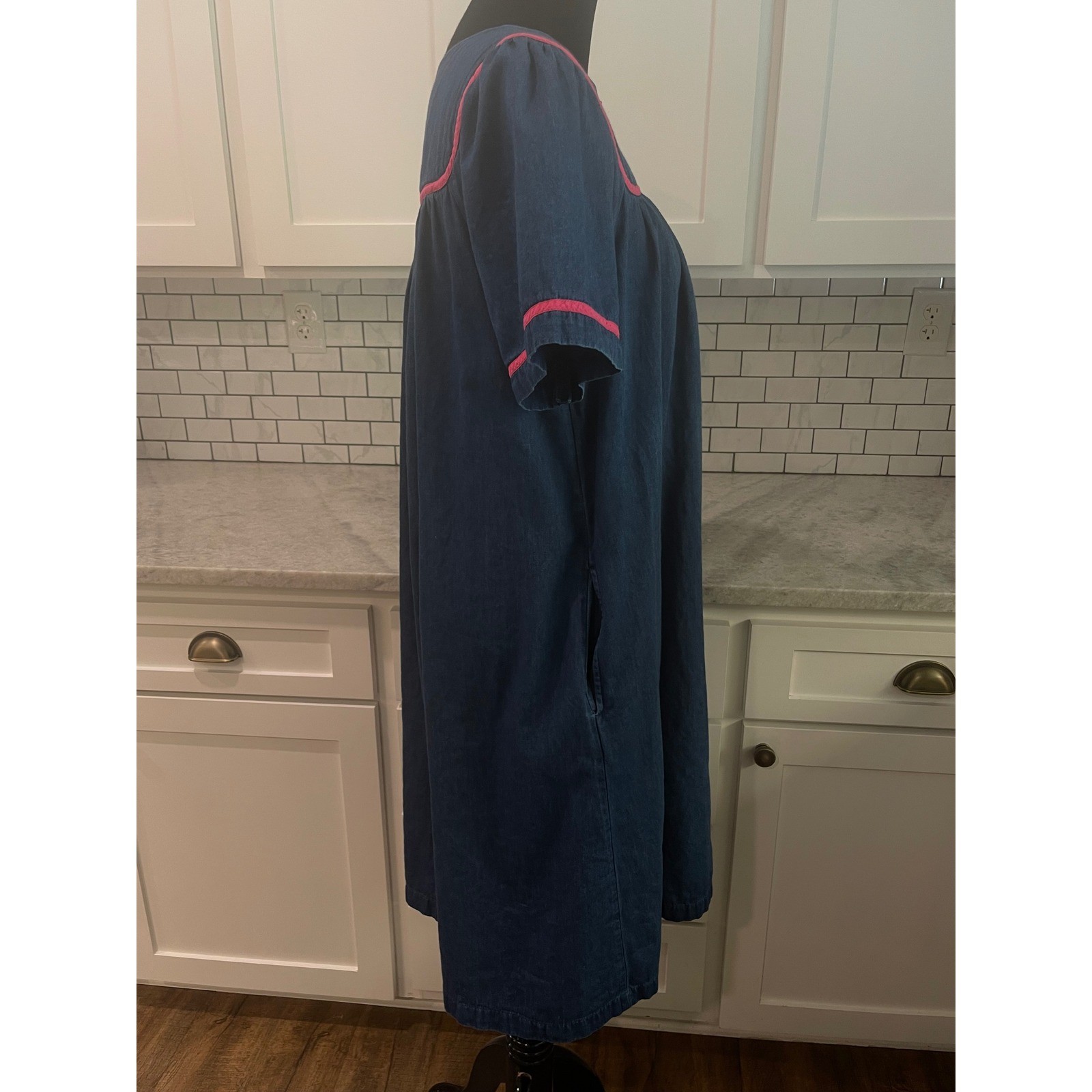 Vintage Go Softly Patio Dress Womens M Blue Denim Embroidered Zip Front
