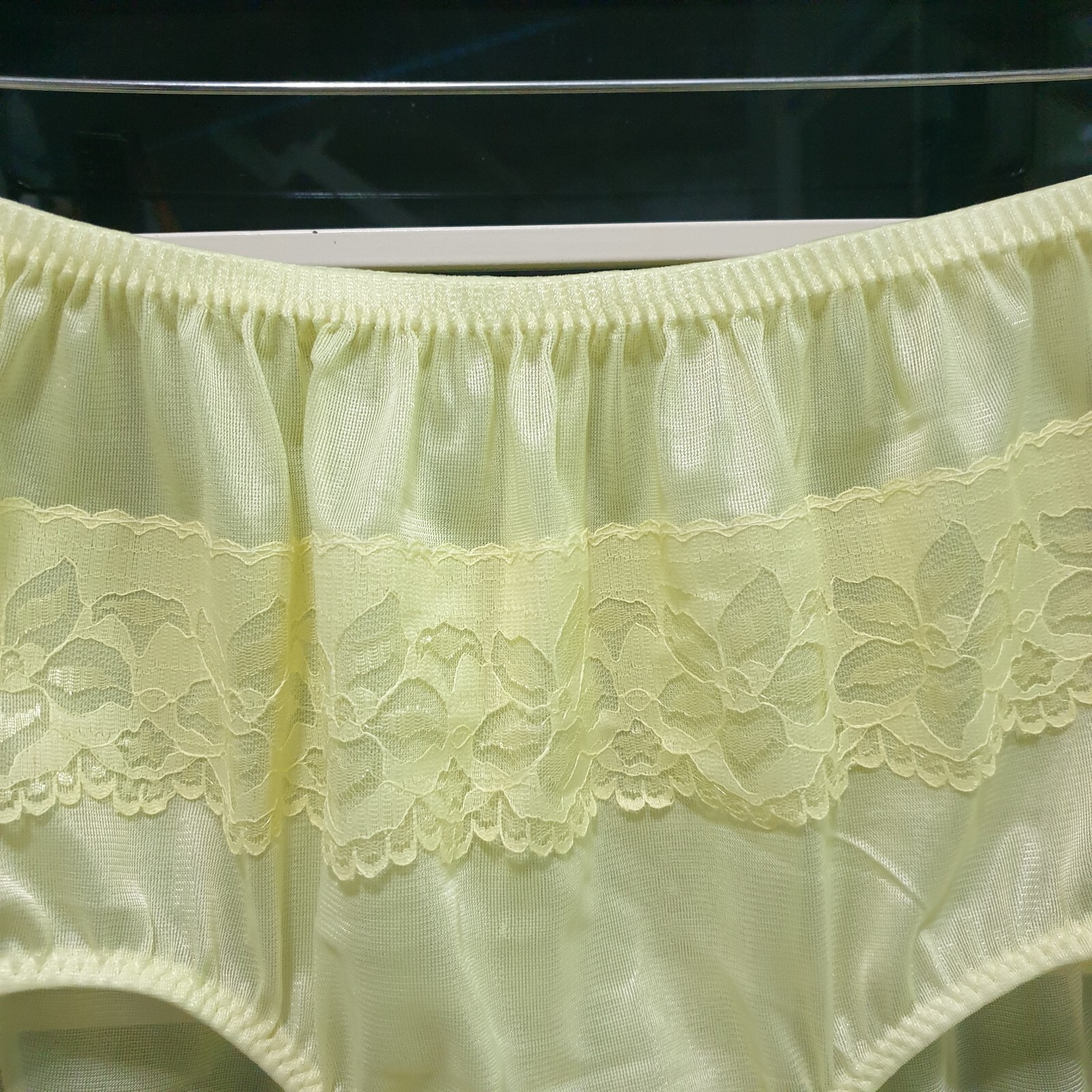 Vintage Sheer Nylon Panty Sissy Yellow Floral Lace Granny Brief Sz. 8 Hip 39-43″