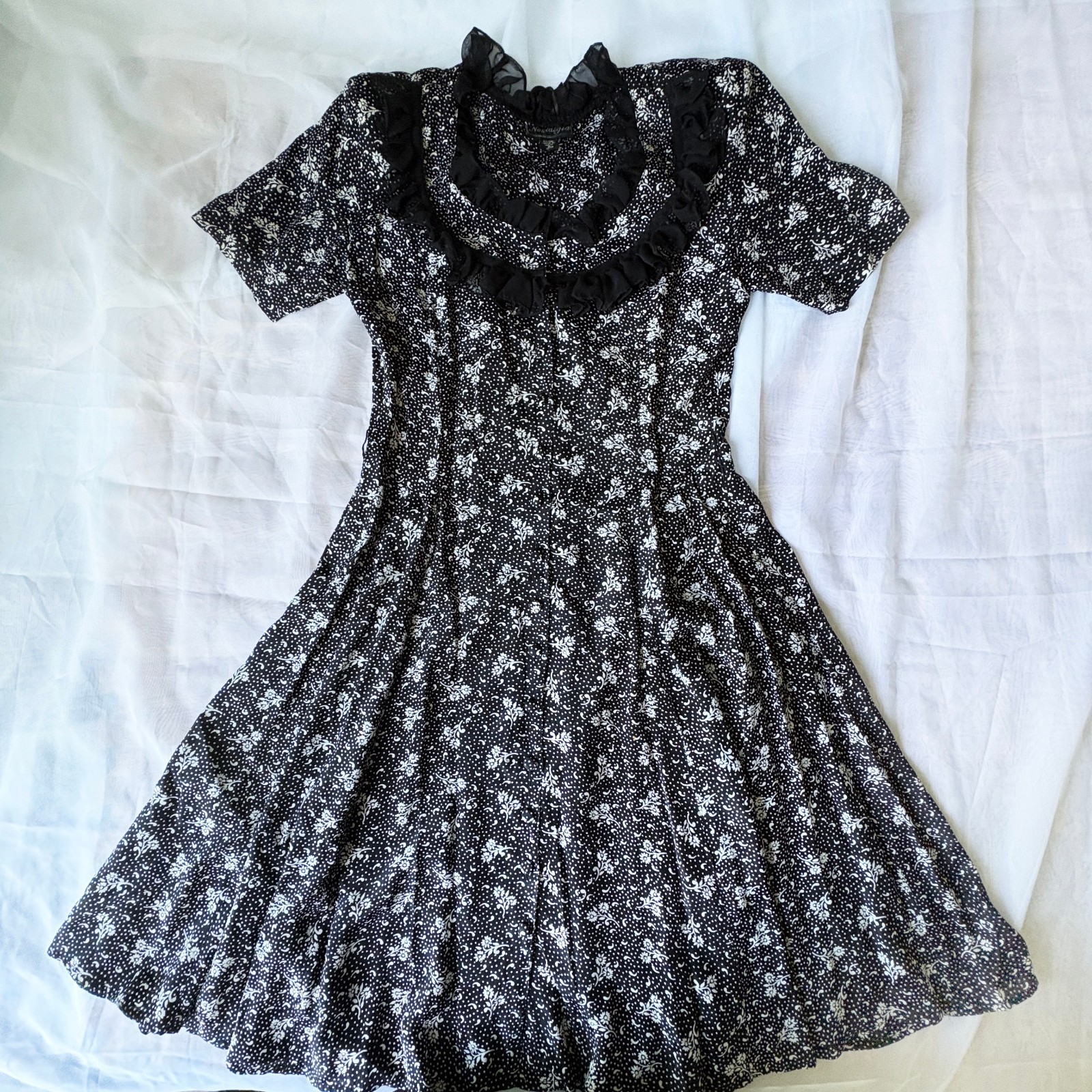 Vintage 90s Nostalgia Black Floral Print Prairie Dress, Rayon, Size M 11/12