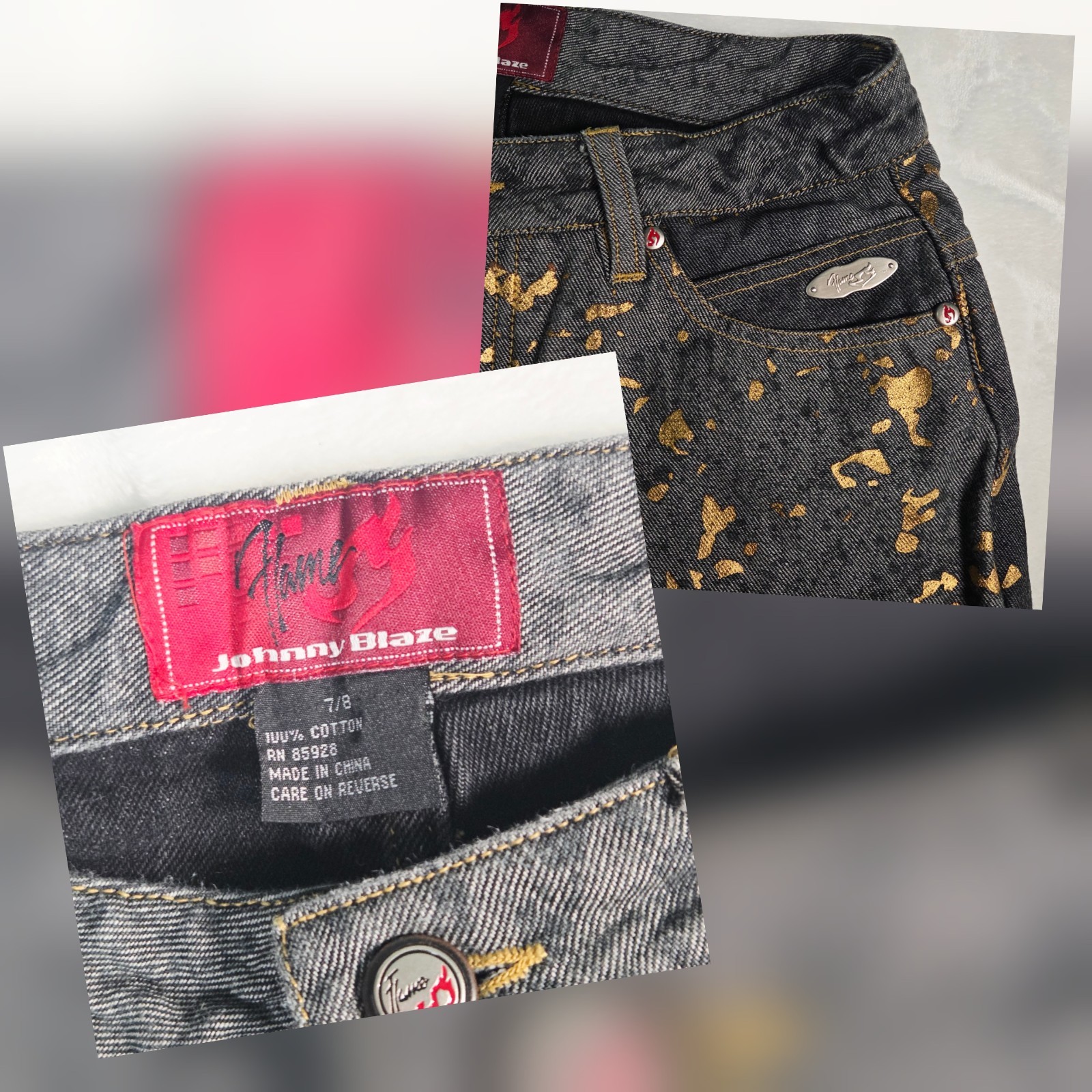 VTG Y2K Johnny Blaze Flame Jeans Womens Sz 7/8 Grey Metallic Gold Splatter Art