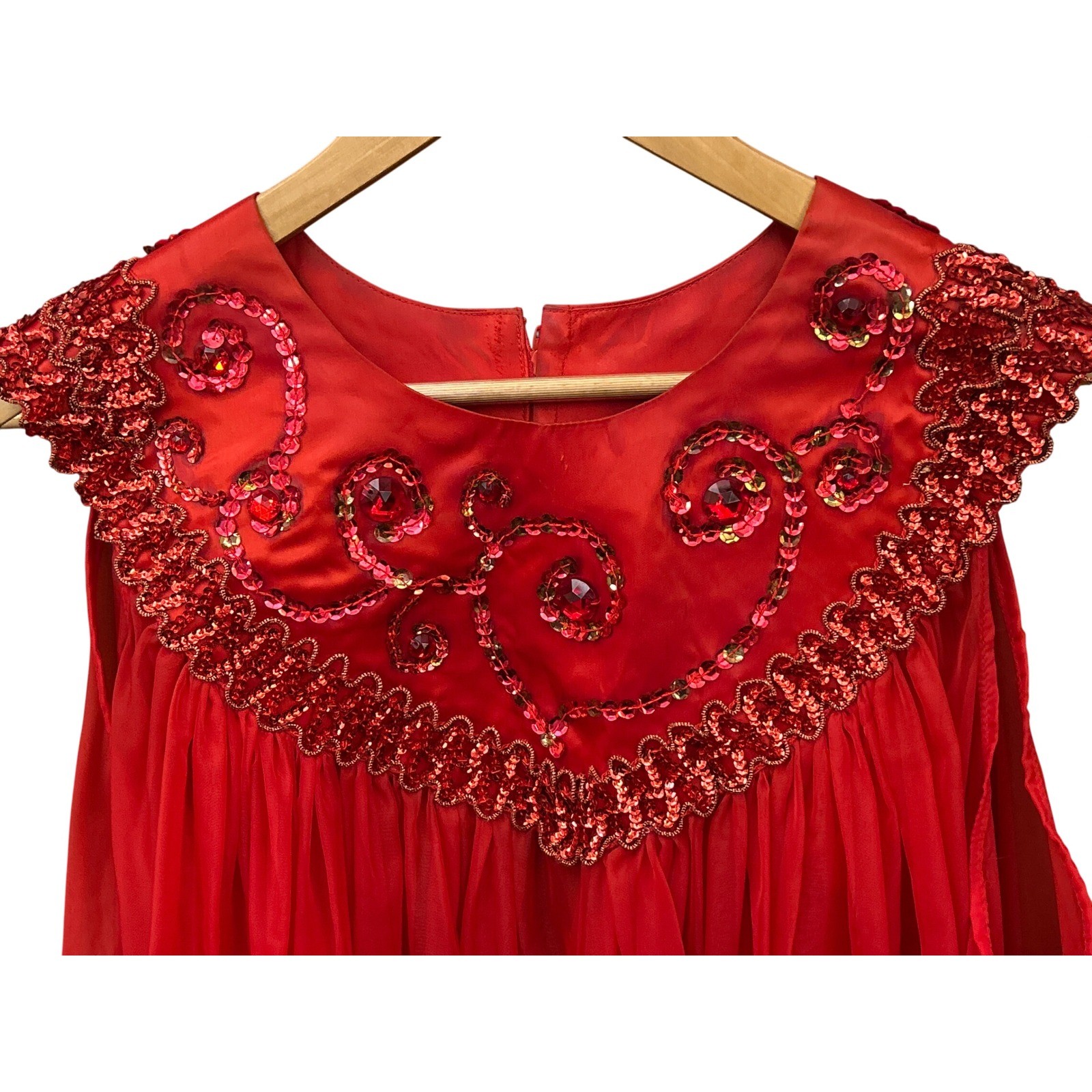 Vintage Old Hollywood Babydoll Dress Red Sequin Beaded Regencycore MCM Glamour