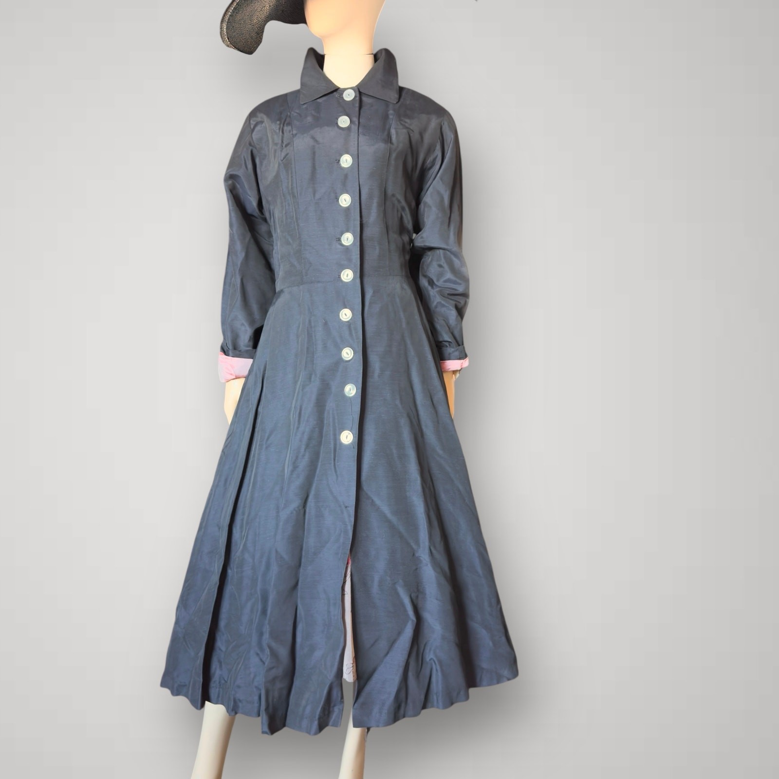 Vintage 1940s New Look Black Silk Duster Princess Coat Button Front Jacket Small