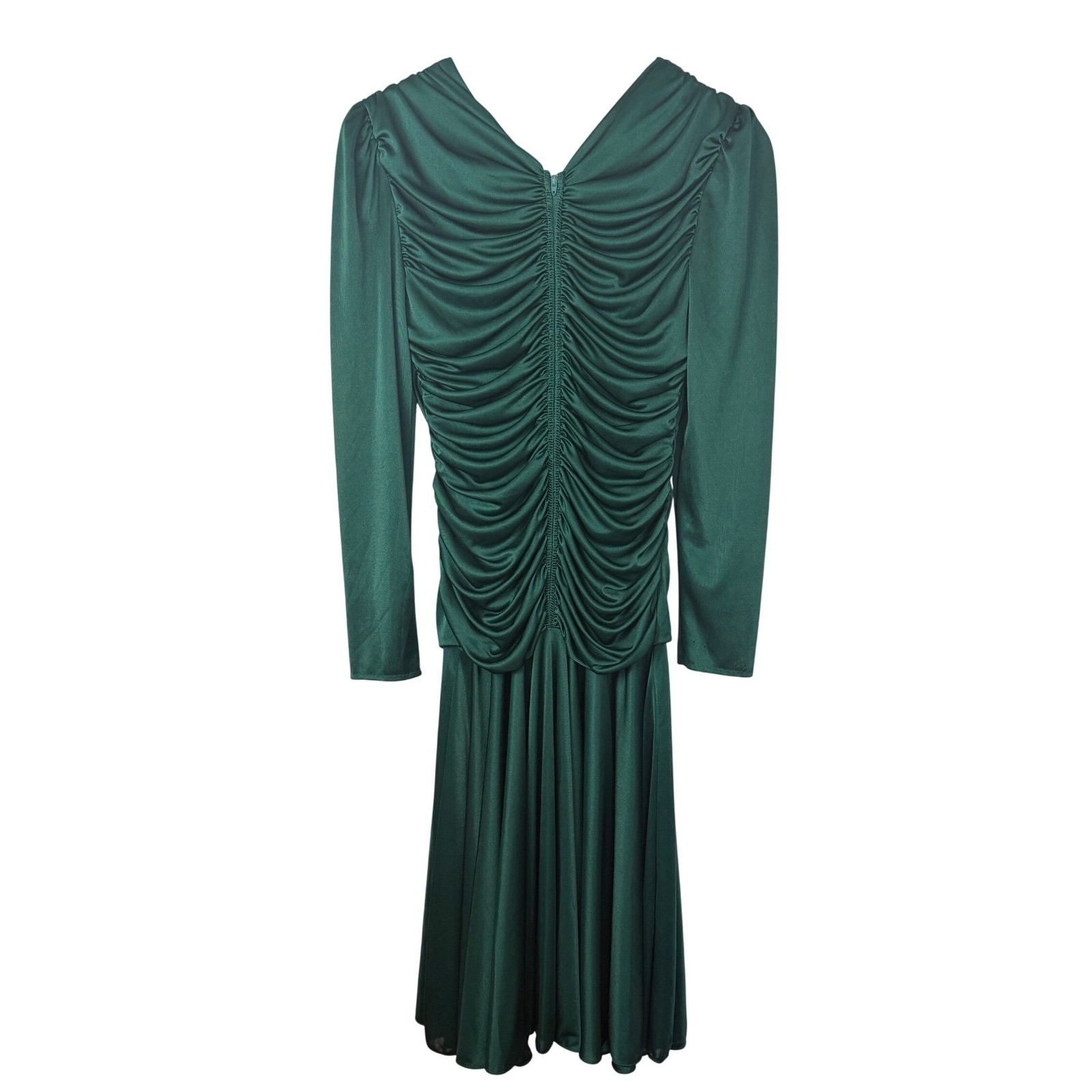 VTG Filigree Ltd Emerald Green Ruched V-Neck Midi Dress 80s Made in USA Size 8