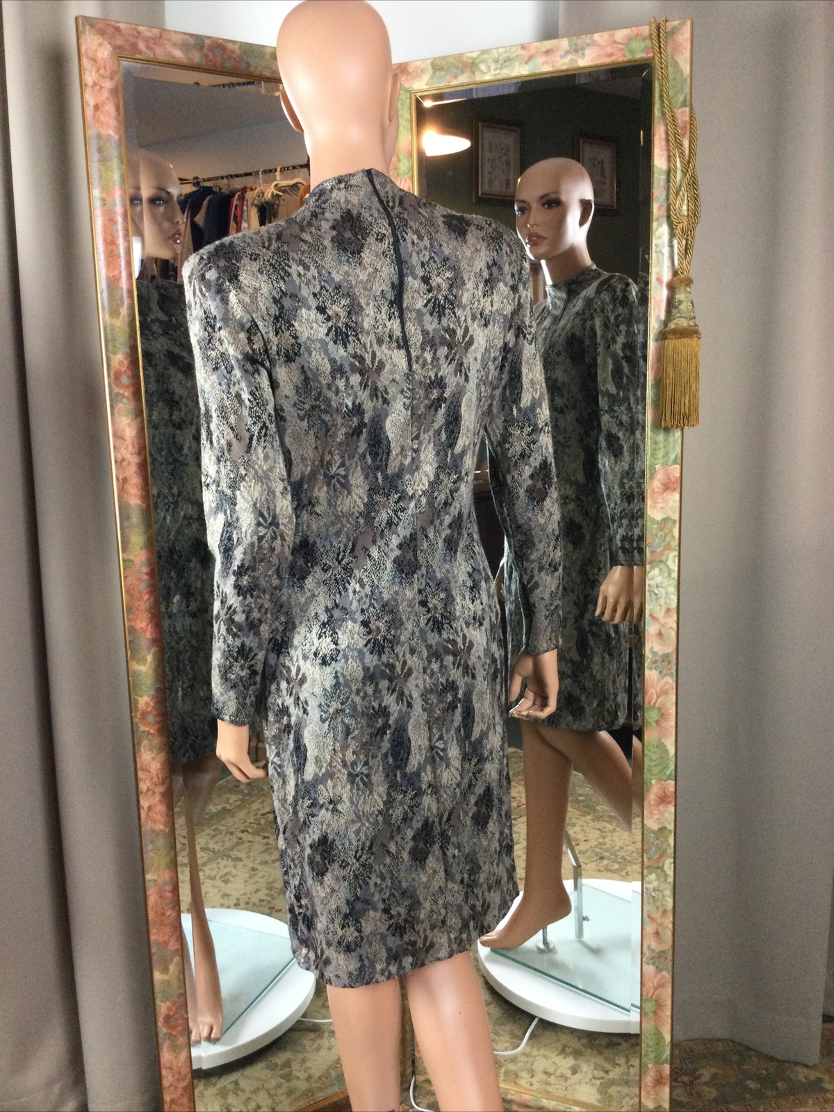 Vintage 80s Sweater Knit Brown Grey Padded Shoulder Dress Bodycon L/S Sz 11