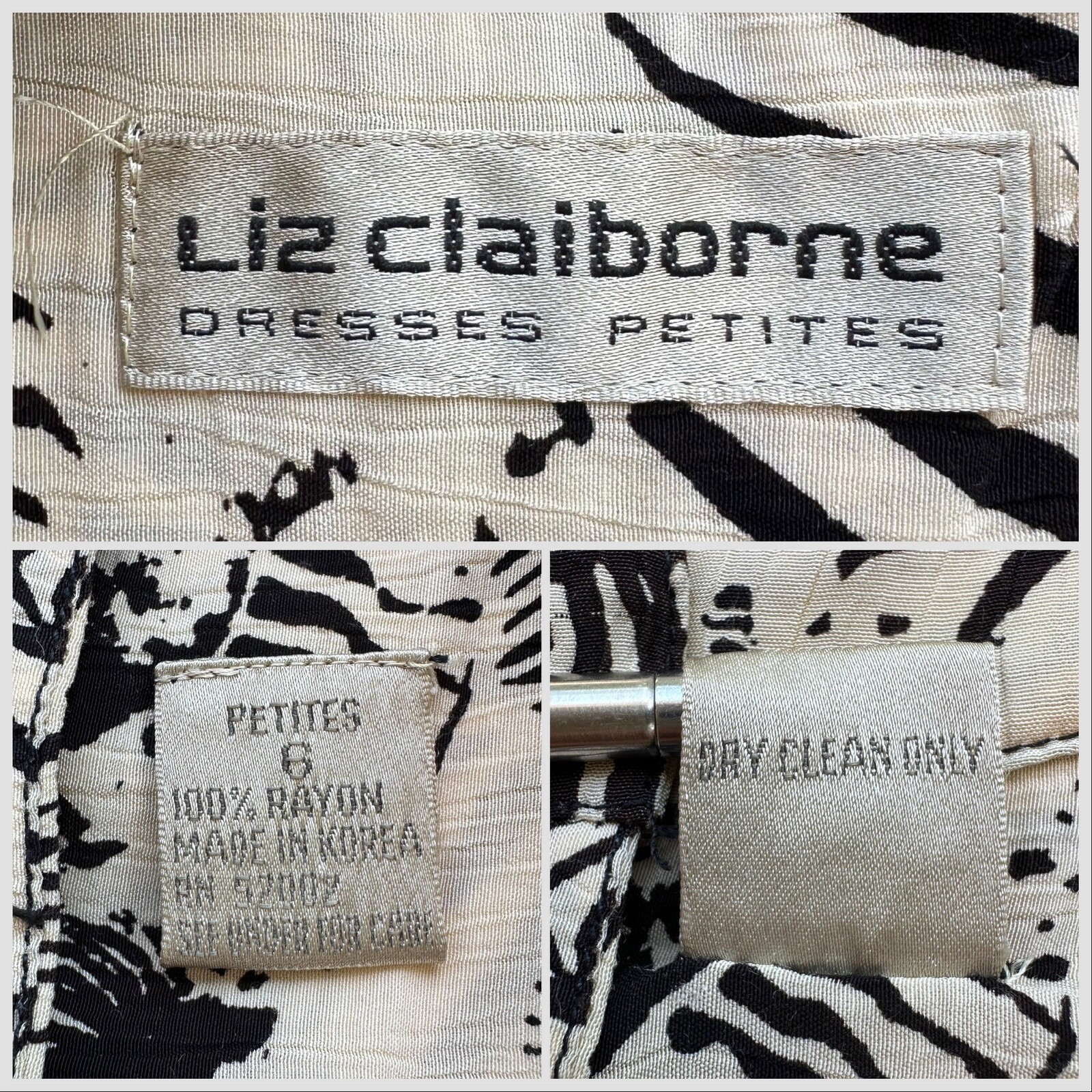 1980s Liz Claiborne Dresses Petites Crinkle Rayon Dress Zebra Print Safari 6 VTG