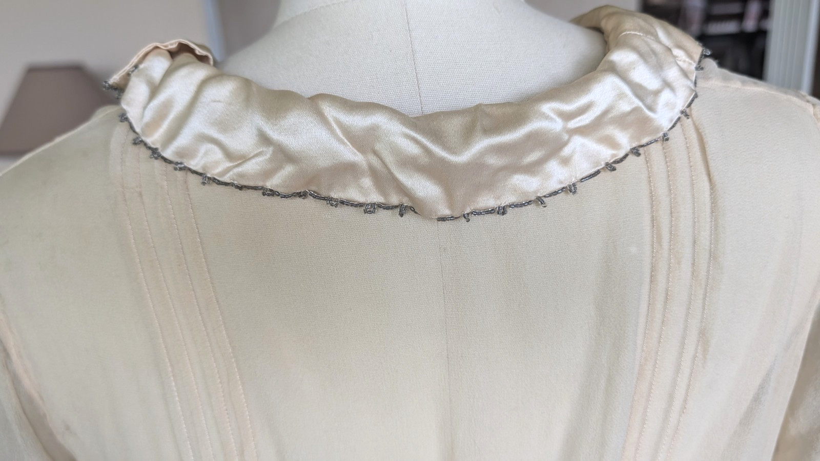 Antique 1920s silk beaded sheer dress beige flapper 40″ bust bead trim