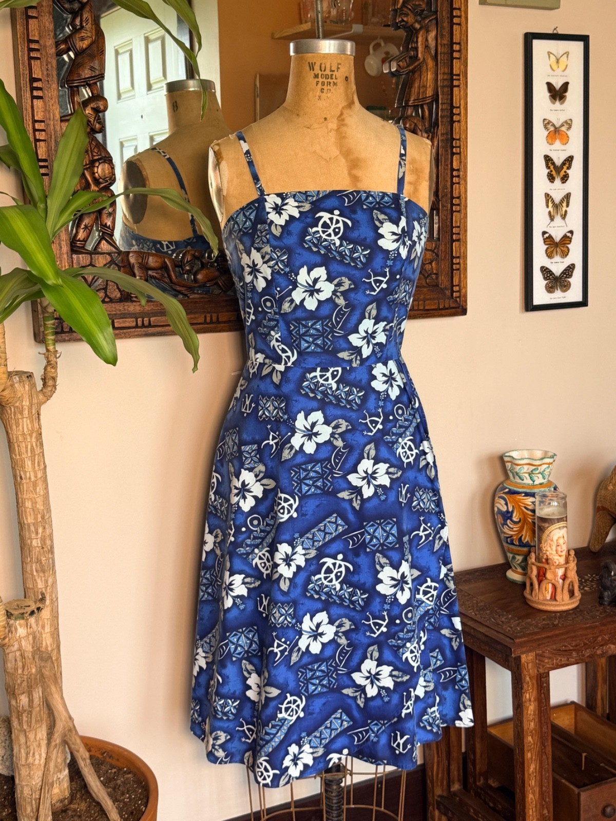 Vintage Handmade 60s Style Blue Hawaiian Print Sundress Size XS