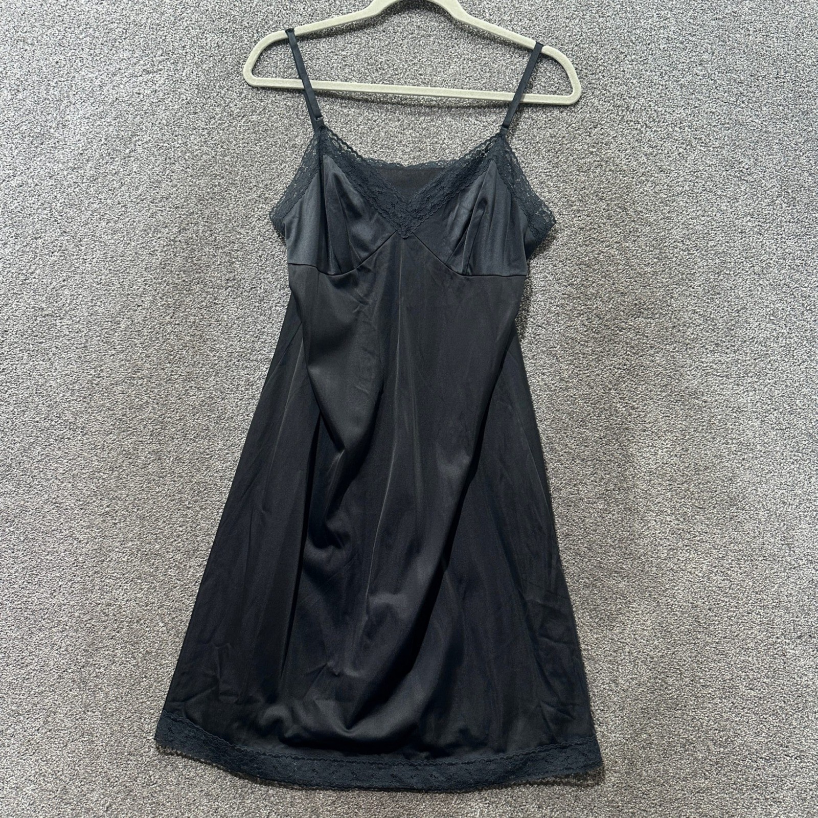Vintage Vanity Fair Black Lace Trim Full Slip Dress Nylon USA Made Size 38