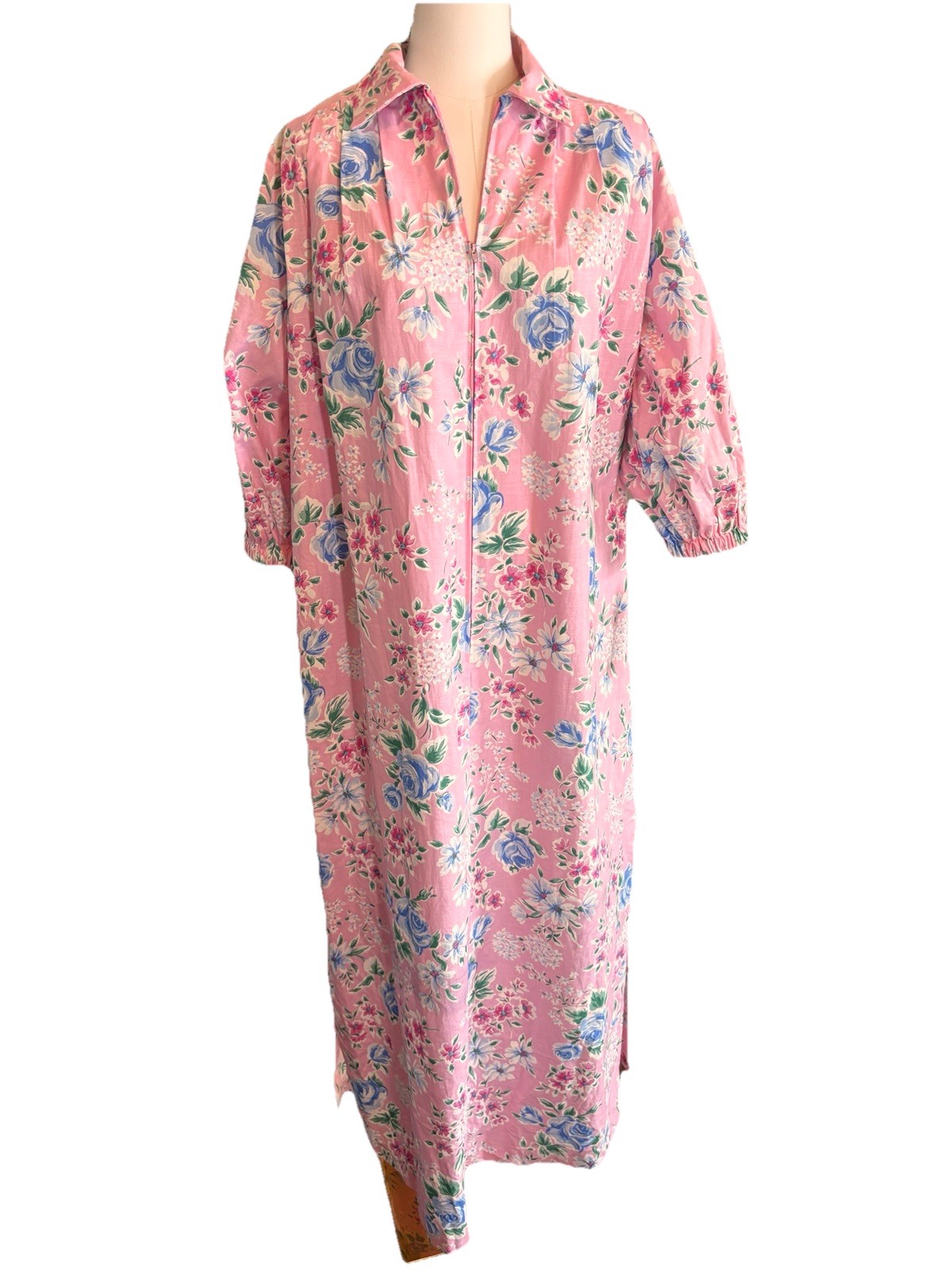 Vintage David Brown California Long Pink Floral House Dress Cotton Gown USA XS