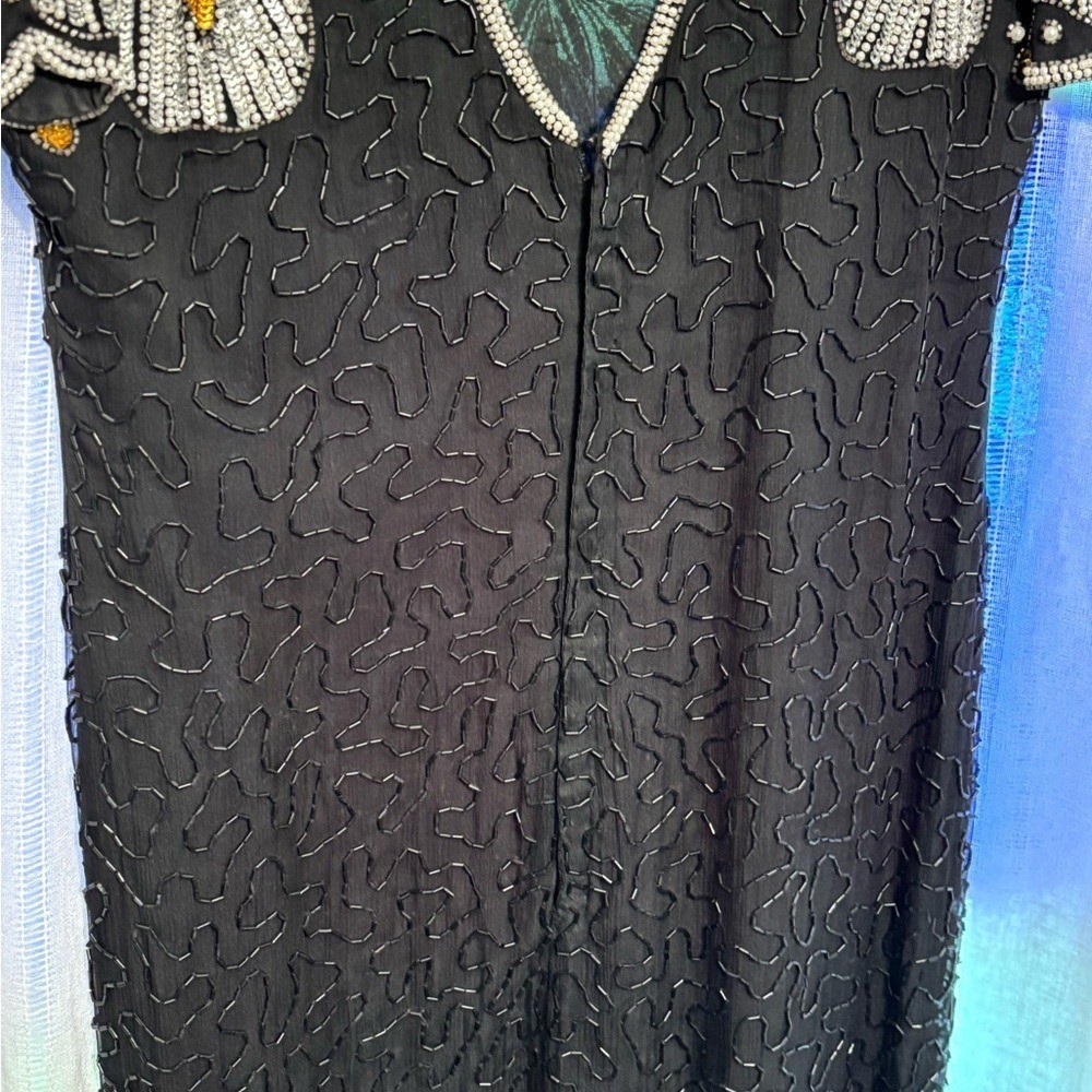 Vtg long PM Laurence Kazar Black Dress with Gold, Silver, and Pearls Party
