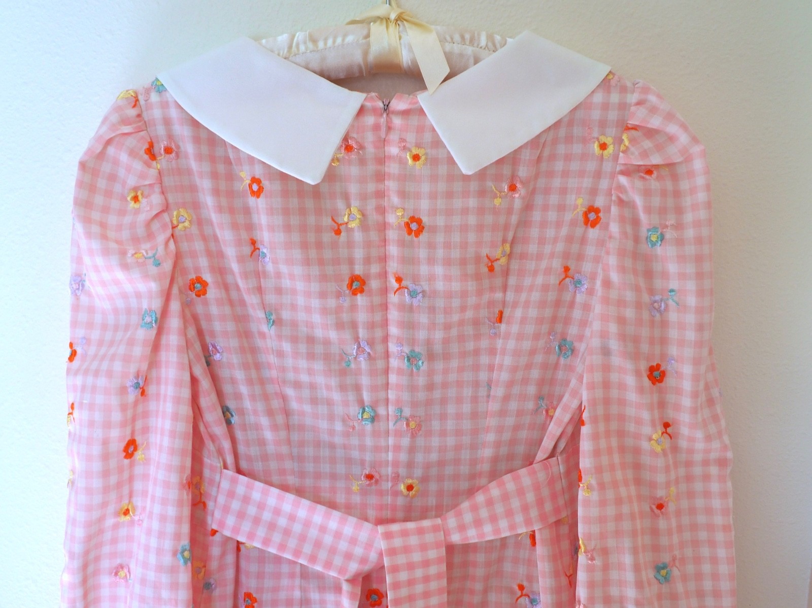 Vintage 70s Gingham Maxi Dress Empire Waist Gown Peter Pan Collar Pastel Kawaii