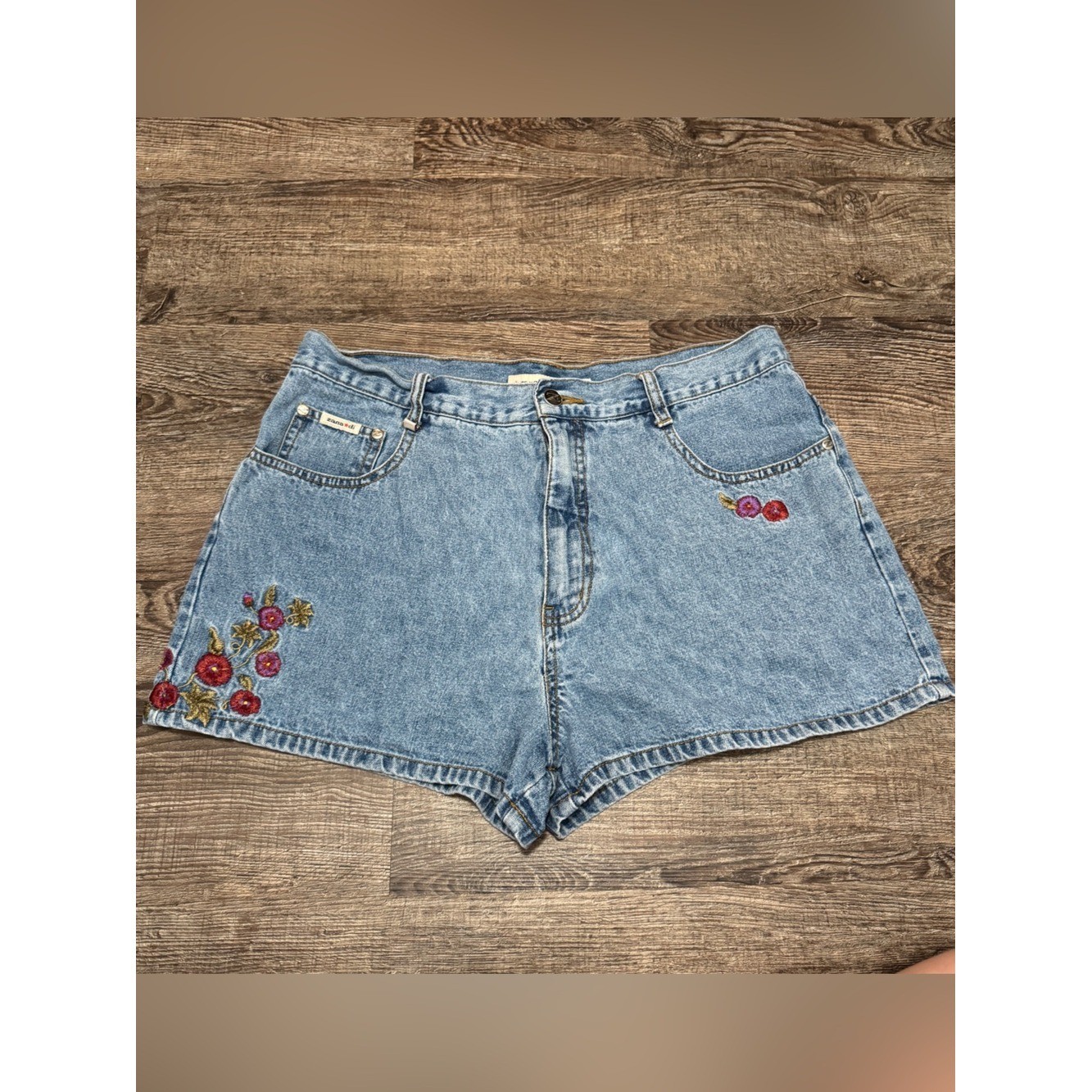 Zana Di Light Blue Vintage Boho Denim Shorts with Red & Pink Floral Embroidery