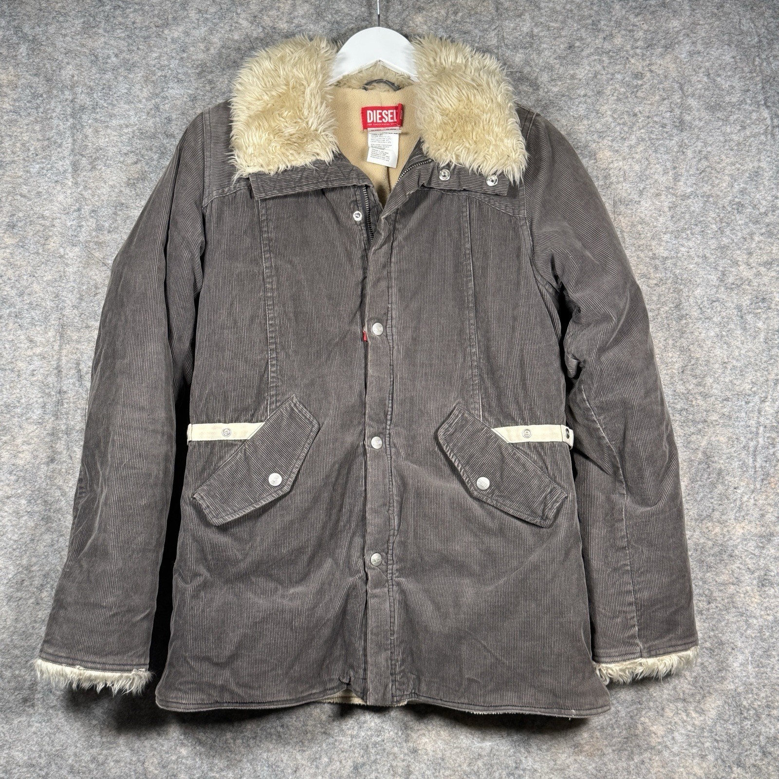 Vintage Womens Diesel Corduroy Jacket Size XXL 19×29 Faux Fur Collar Sherpa Line