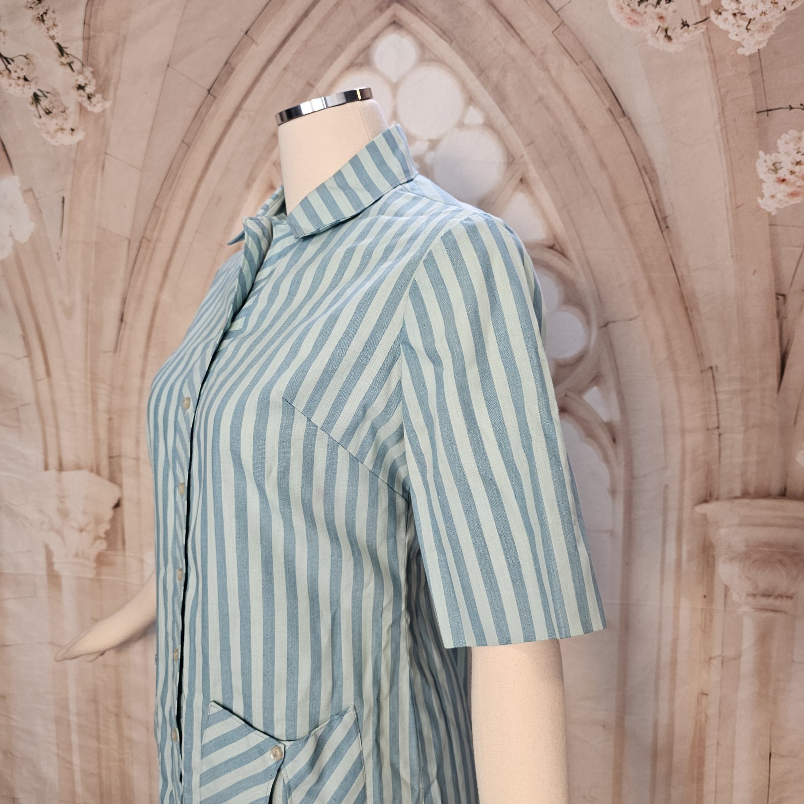 Vintage 1960’s Dress Shift Mod Blue Stripe Pockets Collar Short Sleeves Westbury