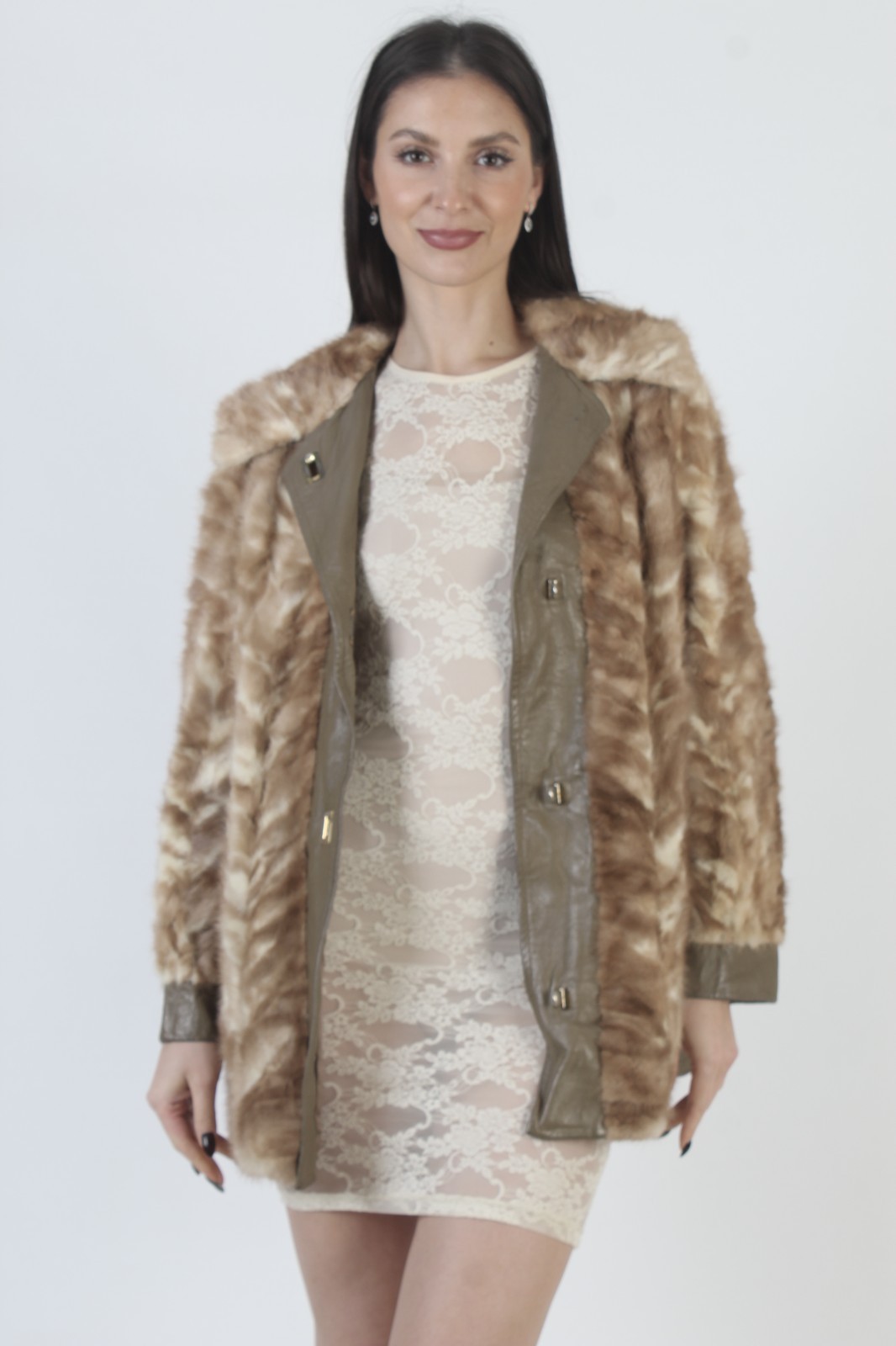 Vintage Patchwork Brown Leather Jacket Autumn Haze Blonde Real Mink Fur Sky Coat