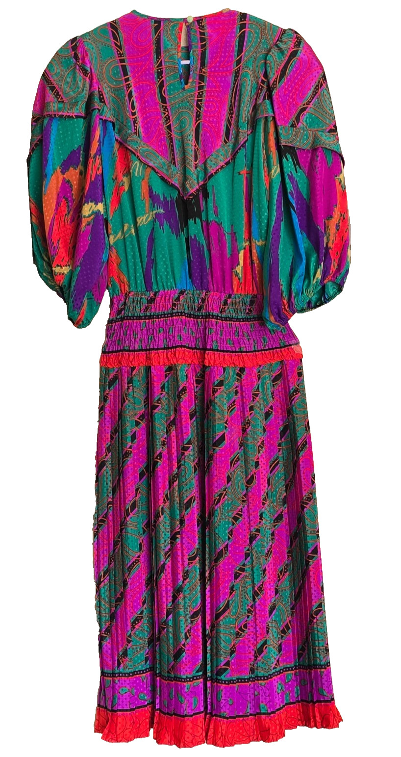 Vintage Assorti for Susan Freis Dress Womens Small Pink Red Green Pleated Ruffle