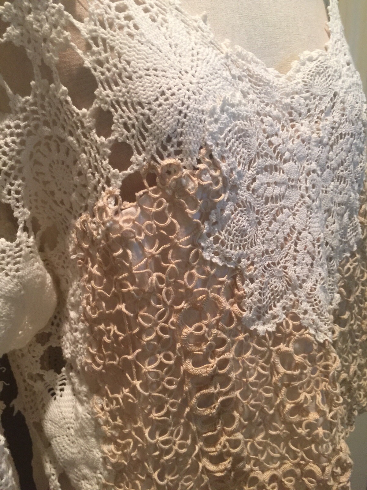 Antique Vtg Handmade M White Crochet Tatted Lace Coquette Top Blouse