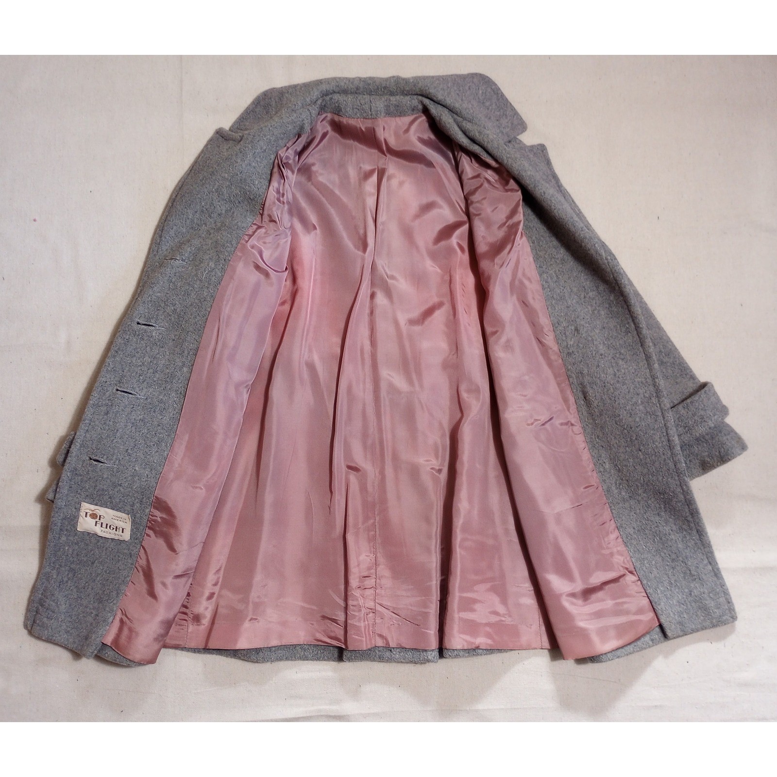Vintage Top Flight Fashions Gray Wool Double Breasted Pea Coat Made in USA M