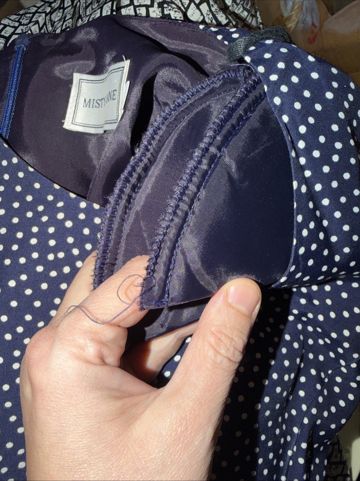 VTG Misty Lane Dress Navy Polka Dot Midi 8 Tie Back 90s Casual Lined Retro USA