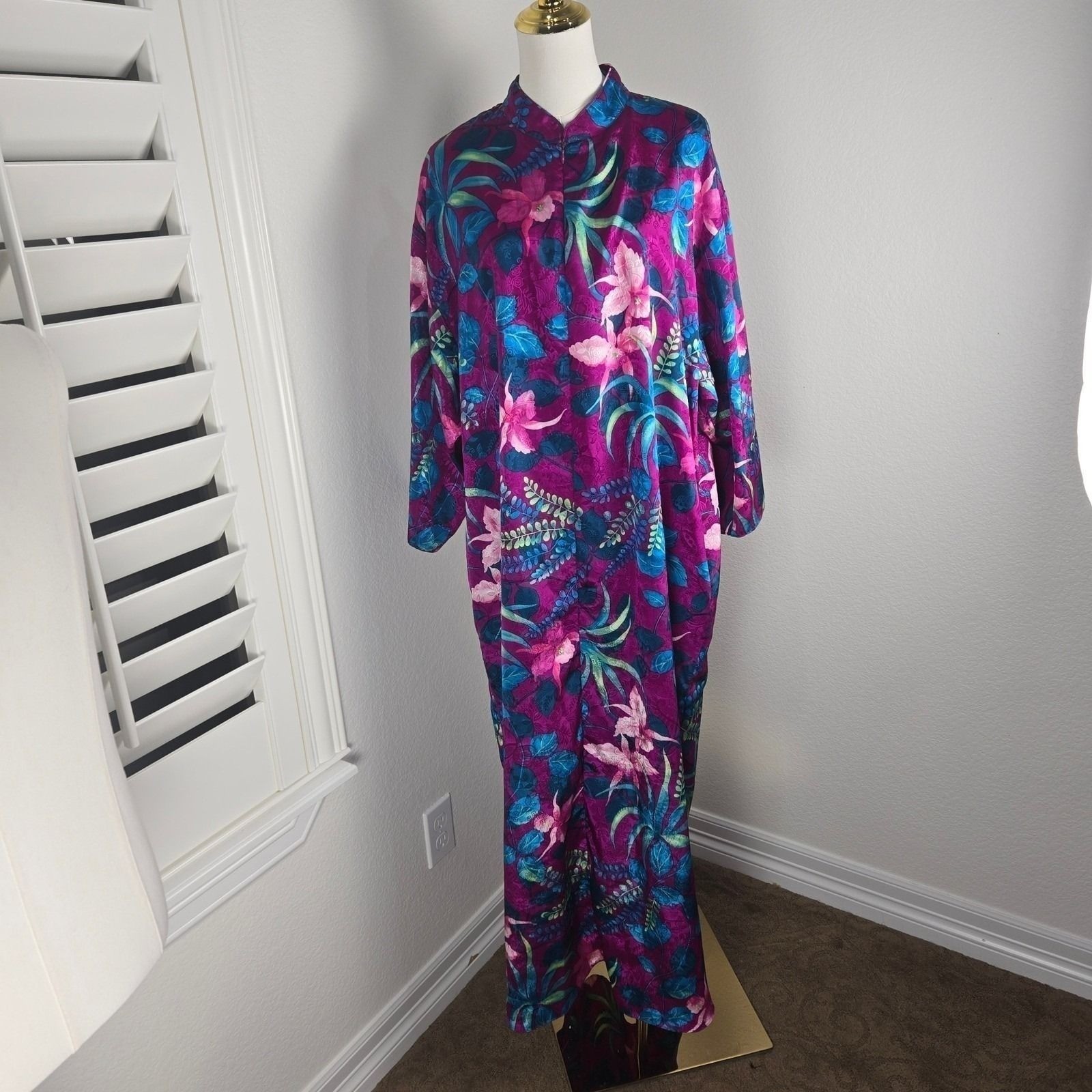 Valerie Stevens Vintage 80s 90s Floral Satin Caftan Maxi Jacquard Lounge Dress L