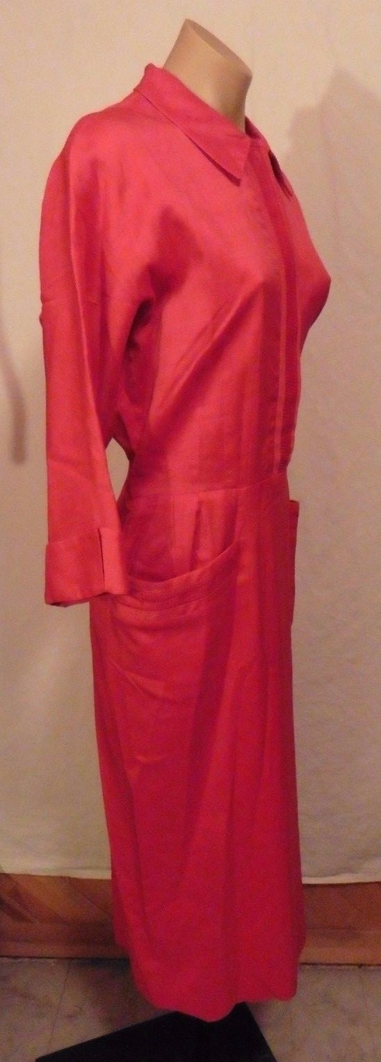40s Red Linen Shirt Dress w/ Pleat Accents by Charles Hymen sz L 42x34x46