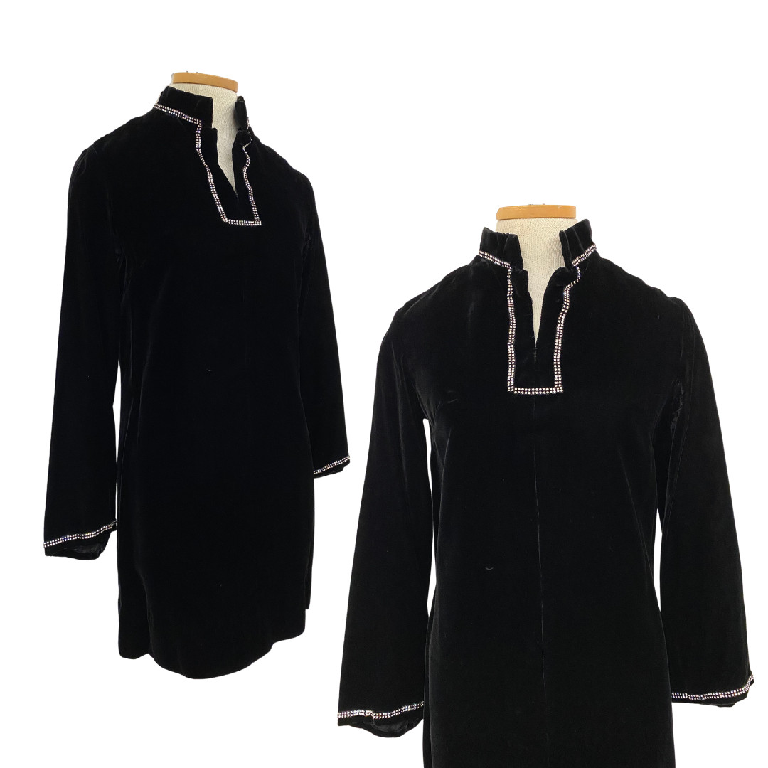 Vtg Vintage 1960s 60s Mod Glam LBD Black Velvet Rhinestone Trim Mini Tunic Dress