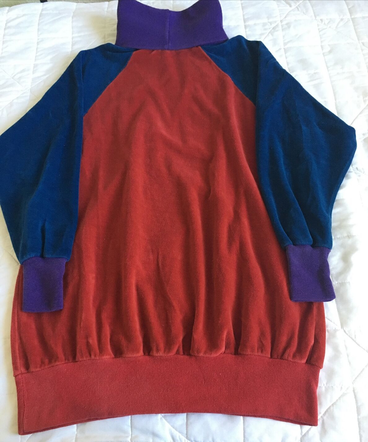 Hippie 80’s Woman’s Velour Tunic Pullover, Turtleneck, Long Sleeve, Color Block