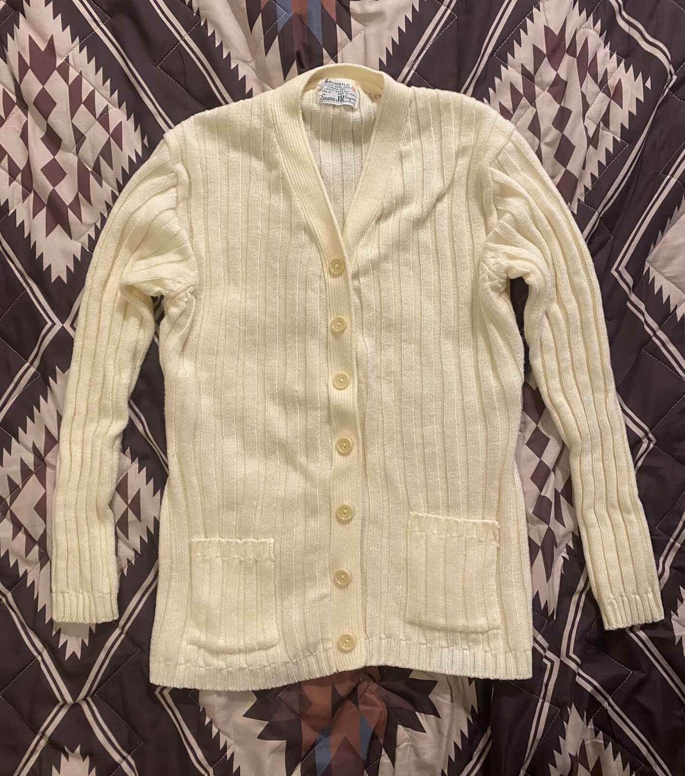 Vintage 70s Sears JR Bazaar Yellow Knit Sweater Button Down Women’s Size Small